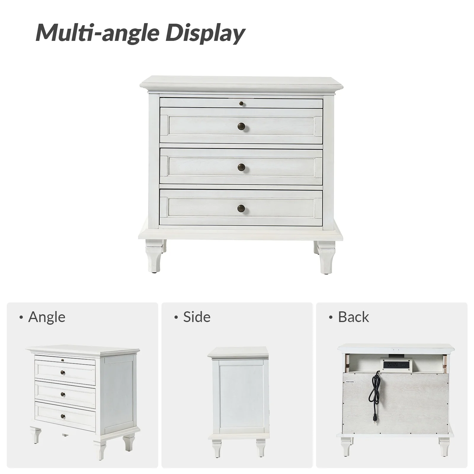 Farmhouse 3 Drawers Nightstand with Tray Bedside Table with Charging Station Acorn - Image 13