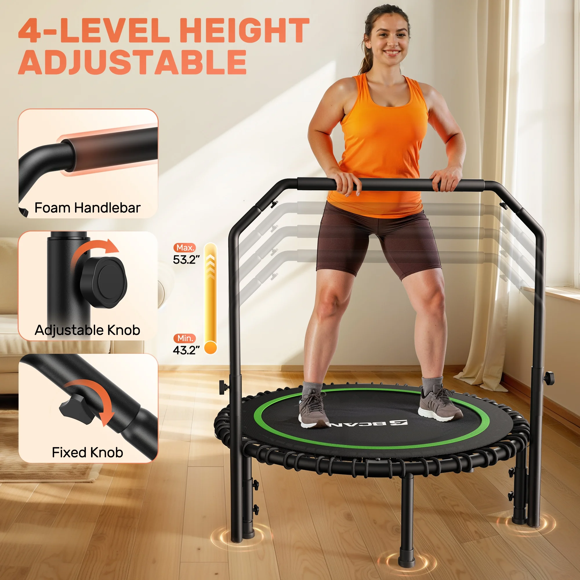 BCAN 450 LBS Foldable Mini Trampoline, 40" Fitness Trampoline with Bungees, Stable & Quiet Exercise Rebounder for Kids/Adults - Image 7