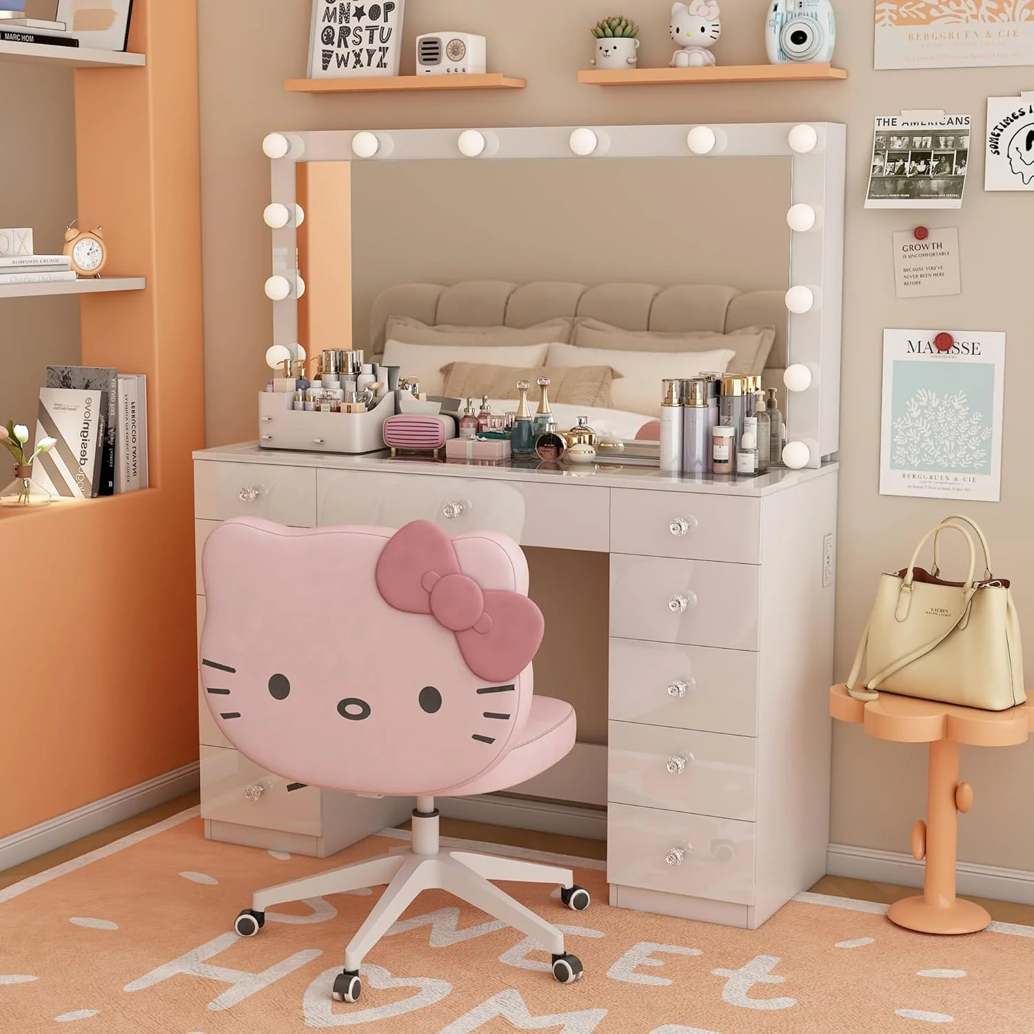 Vanity Desk with Power Outlet, Makeup Vanity with Mirror and 14 LED Light, 3 Lighting Modes,11 Drawer Vanity Table with Sliding Jewelry Storage, Glass Top, Specular Surface