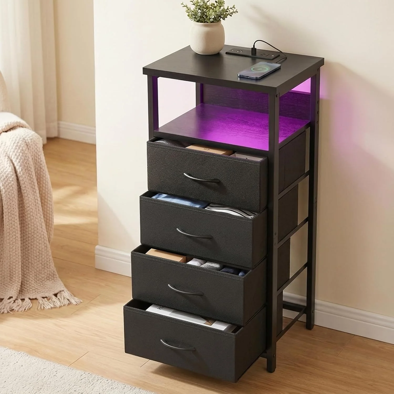 Black Tall Nightstand with Charging Station, 4 Fabric Drawers, RGB LED & Open Shelves - Image 2 Black Tall Nightstand with Charging Station, 4 Fabric Drawers, RGB LED & Open Shelves - Image 2