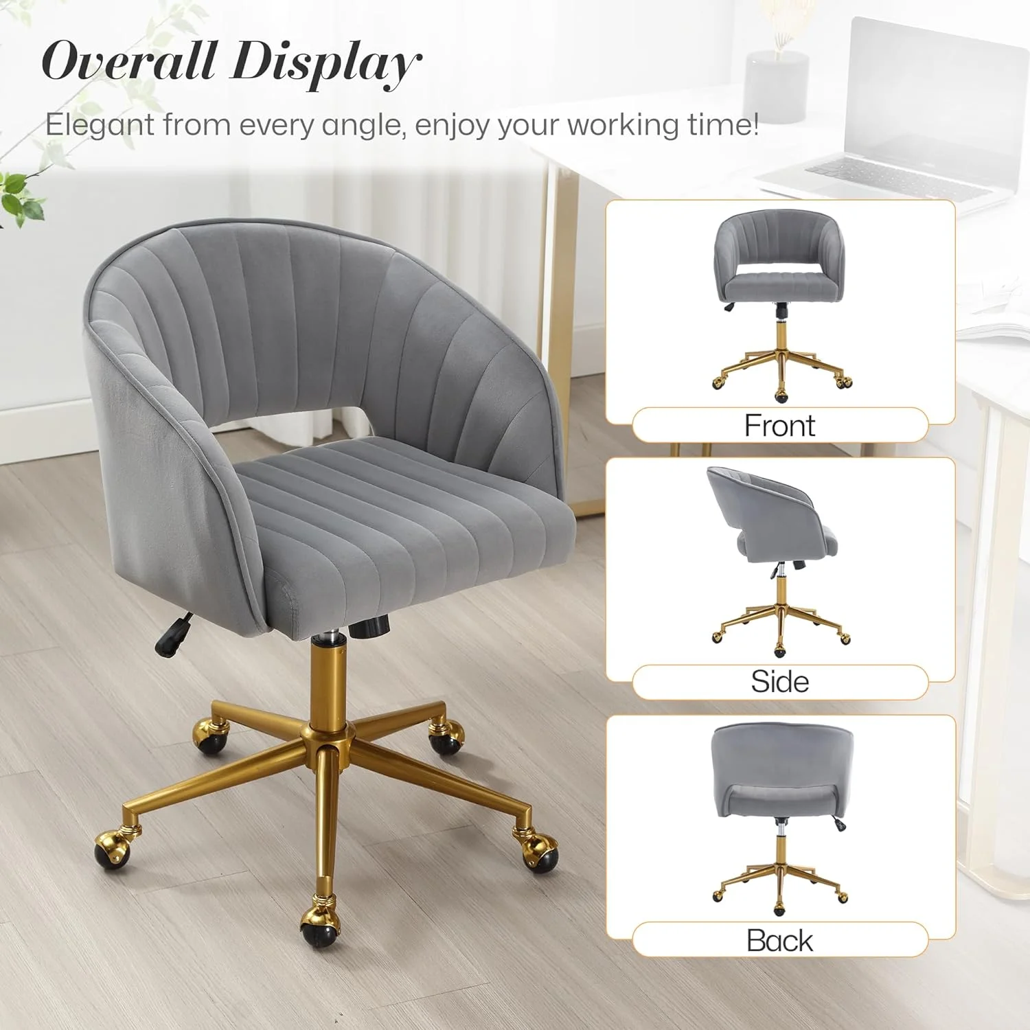 Home Office Swivel Desk Chair, Modern Velvet Vanity Chair, Height Adjustable Armchair with Gold Base, Ergonomic Office Chair for Task Study Computer Room, Beige - Image 21
