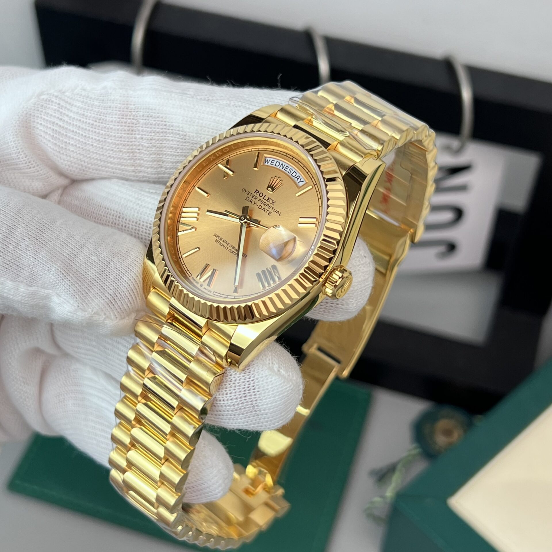 Rolex Day-Date Gold Wrapped Replica Watch Champagne Gold Dial GM V2 40mm - Elite Watch Atelier