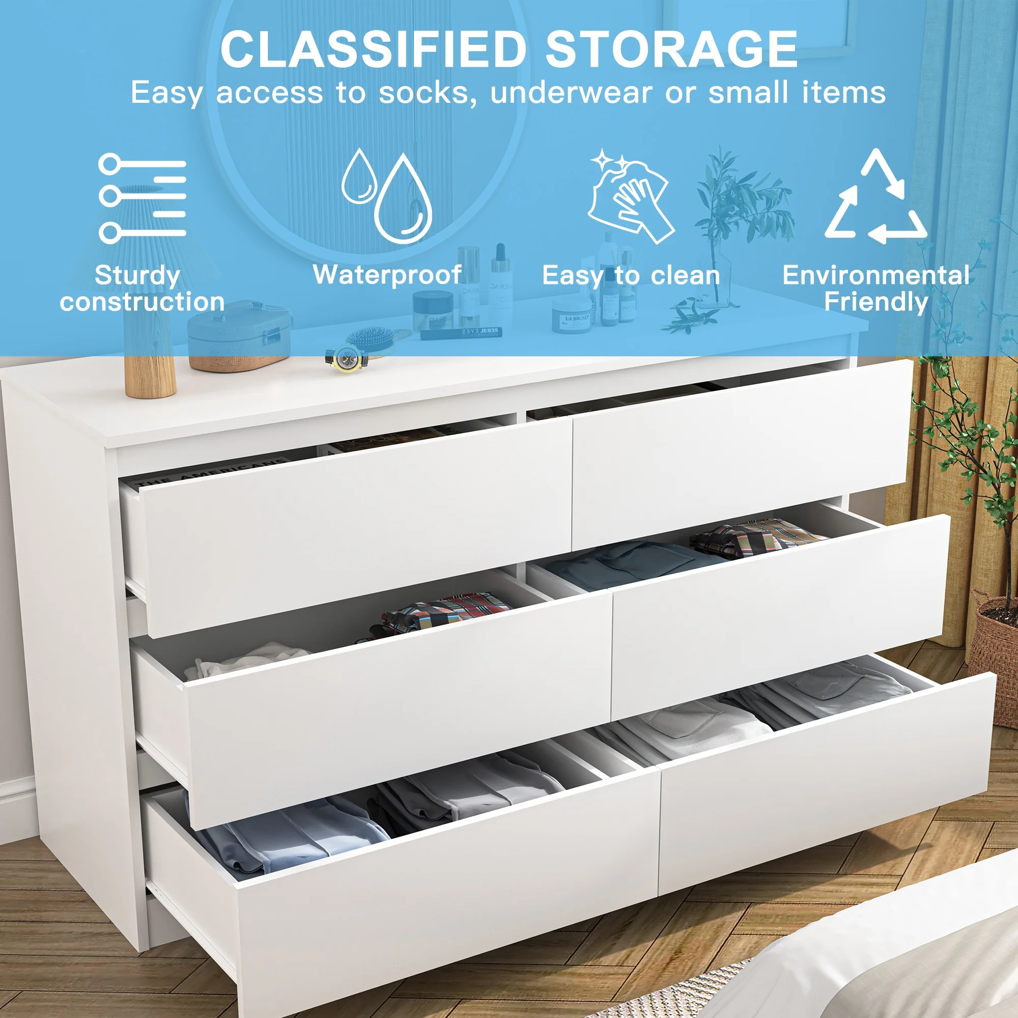 Kadyn White Chest of Drawer, 6 Double Drawer Dresser for Bedroom, Modern Storage Cabinet for Living Room, Dresser - Image 6