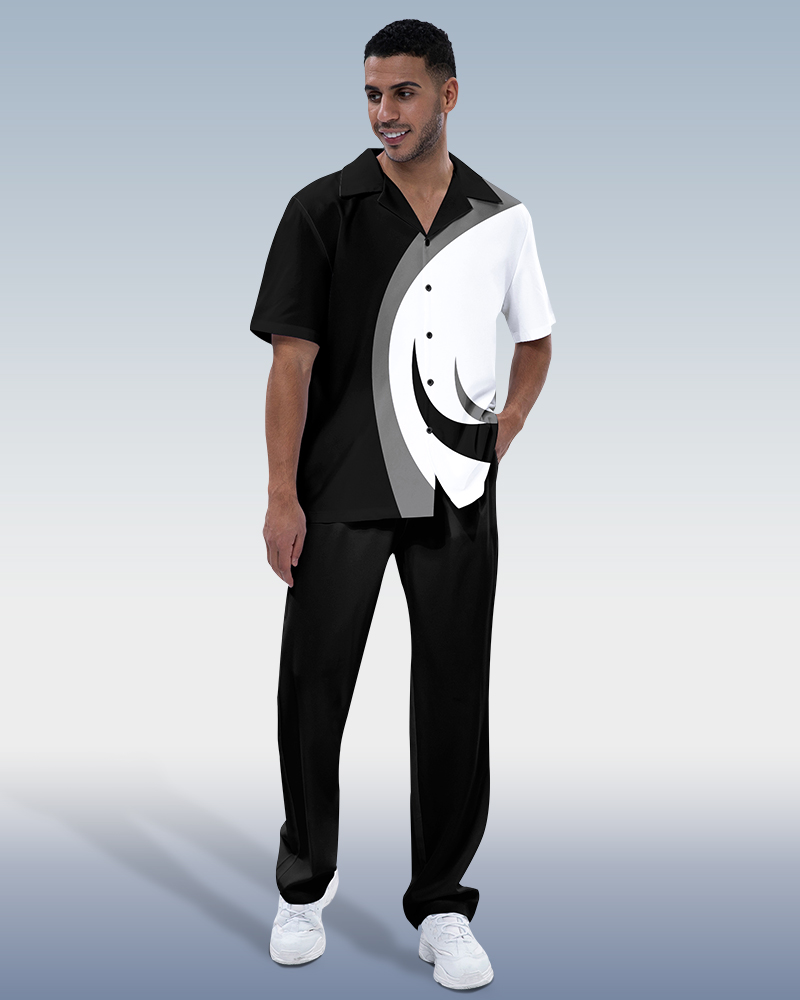 Suitmens Men's Black & White Color Block Short Sleeve Trekking Suit