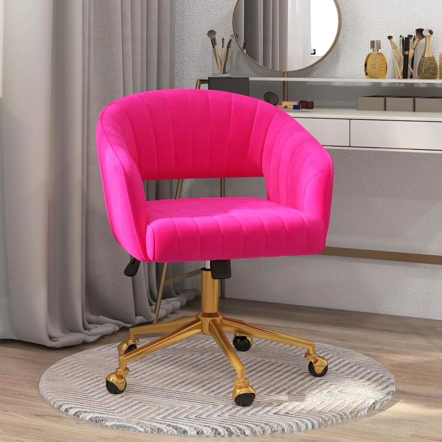 Home Office Swivel Desk Chair, Modern Velvet Vanity Chair, Height Adjustable Armchair with Gold Base, Ergonomic Office Chair for Task Study Computer Room, Beige - Image 23