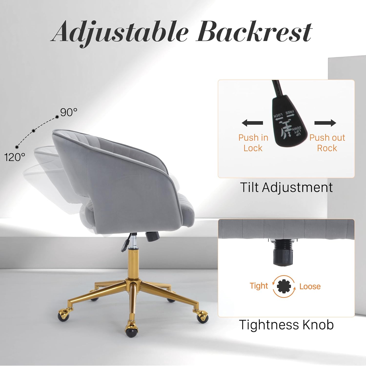 Home Office Swivel Desk Chair, Modern Velvet Vanity Chair, Height Adjustable Armchair with Gold Base, Ergonomic Office Chair for Task Study Computer Room, Beige - Image 19