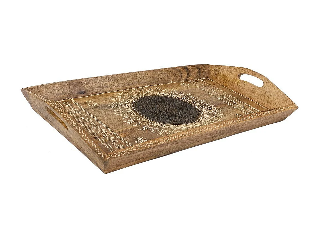 Plateau en bois peint à la main avec 2 anses marron 48x25x6h cm
