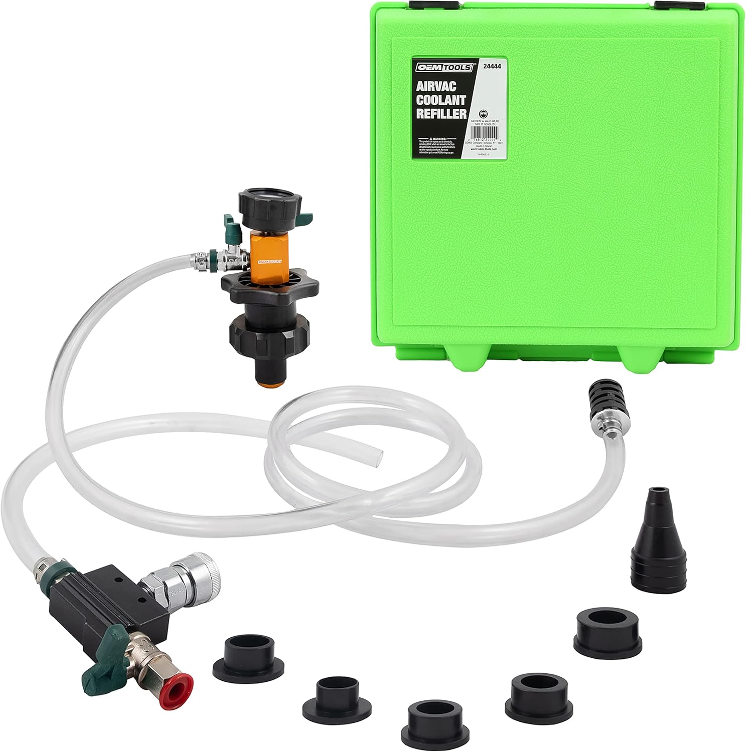 OEMTOOLS 24444 Coolant Vacuum Refill Kit, Coolant Pressure Tester Kit, 70–110 PSI Working Pressure, 5 Bushings, 1 Tapered Cone Adapter, Vacuum Leak Detector, Pressure Tester for Coolant System