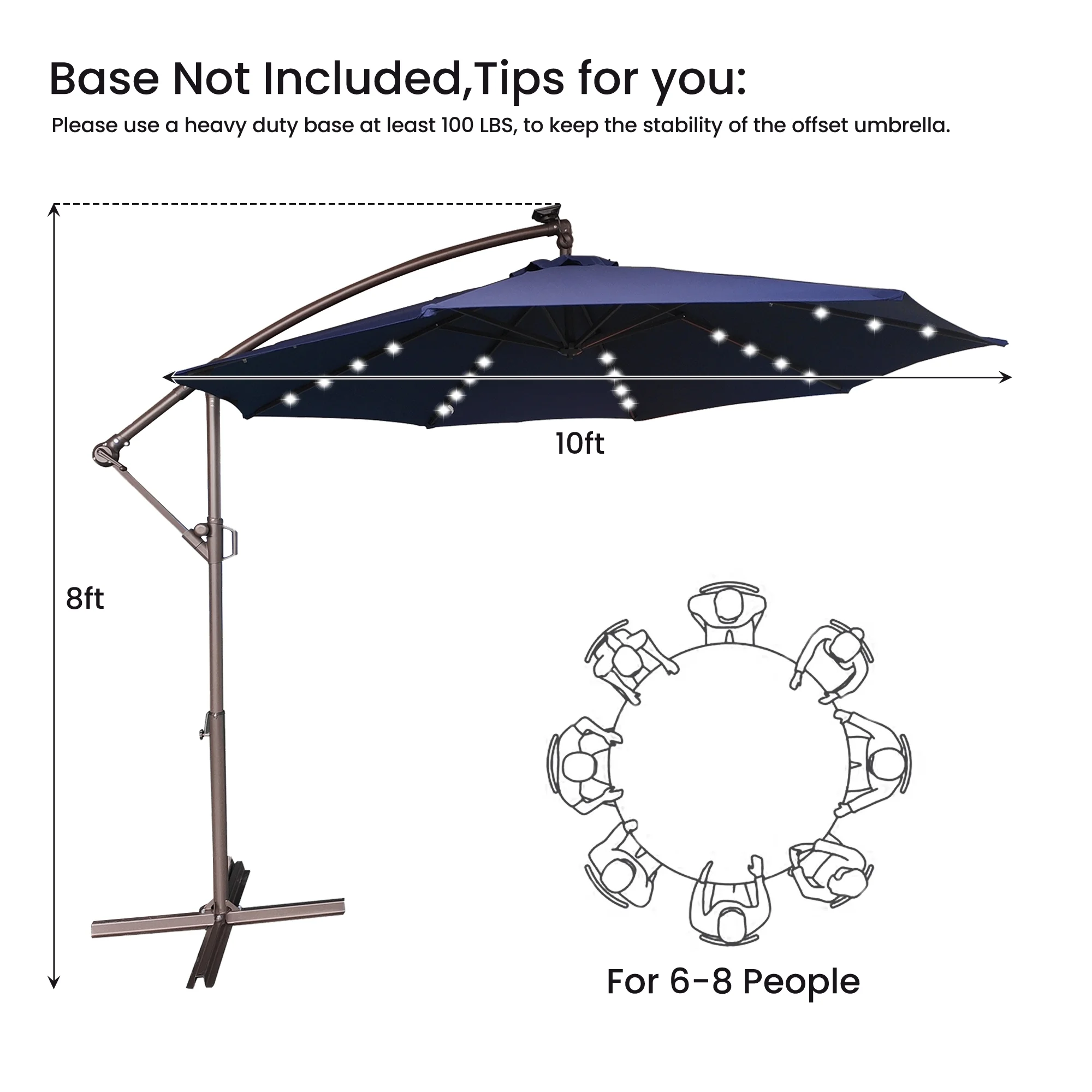 Mondawe 10ft Solar Lights Offset Cantilever Patio Umbrella - with Light, LED Lighted Offset Hanging Patio Outdoor Market Umbrella UPF50+ UV Protection with Crank,Navy Blue - Image 2