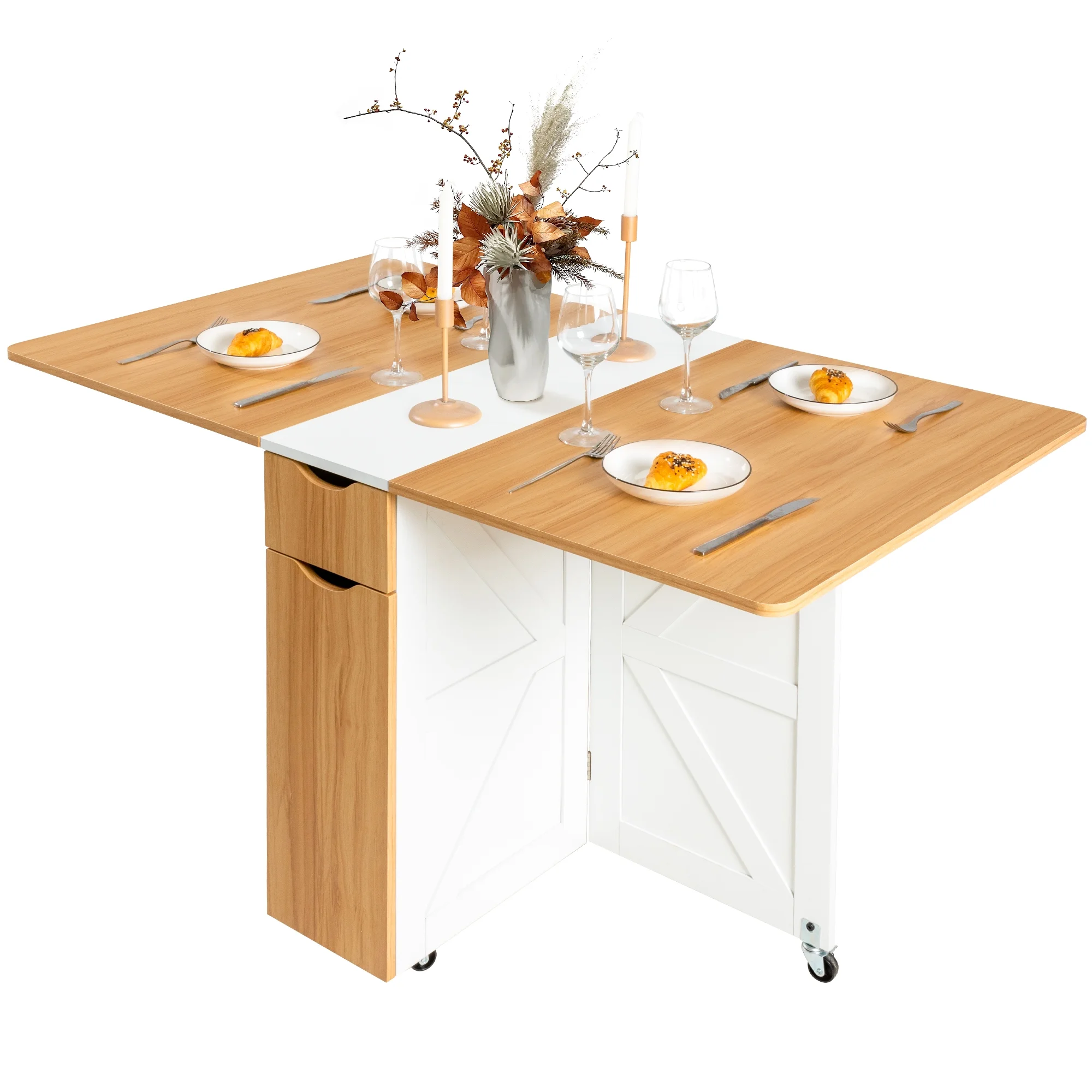 spanspace Folding Dining Table, Drop Leaf Dining Table with 6 Wheels and 2-Layer Storage Shelf, Space Saving Dining Table for Small Spaces,Folding Kitchen Table,White - Image 5