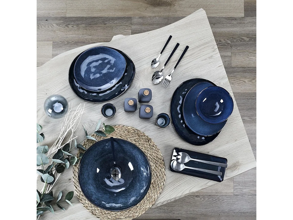 Set de 6 assiettes plates galet en céramique au grés du temps bleu (27.5x23cm) - GALET