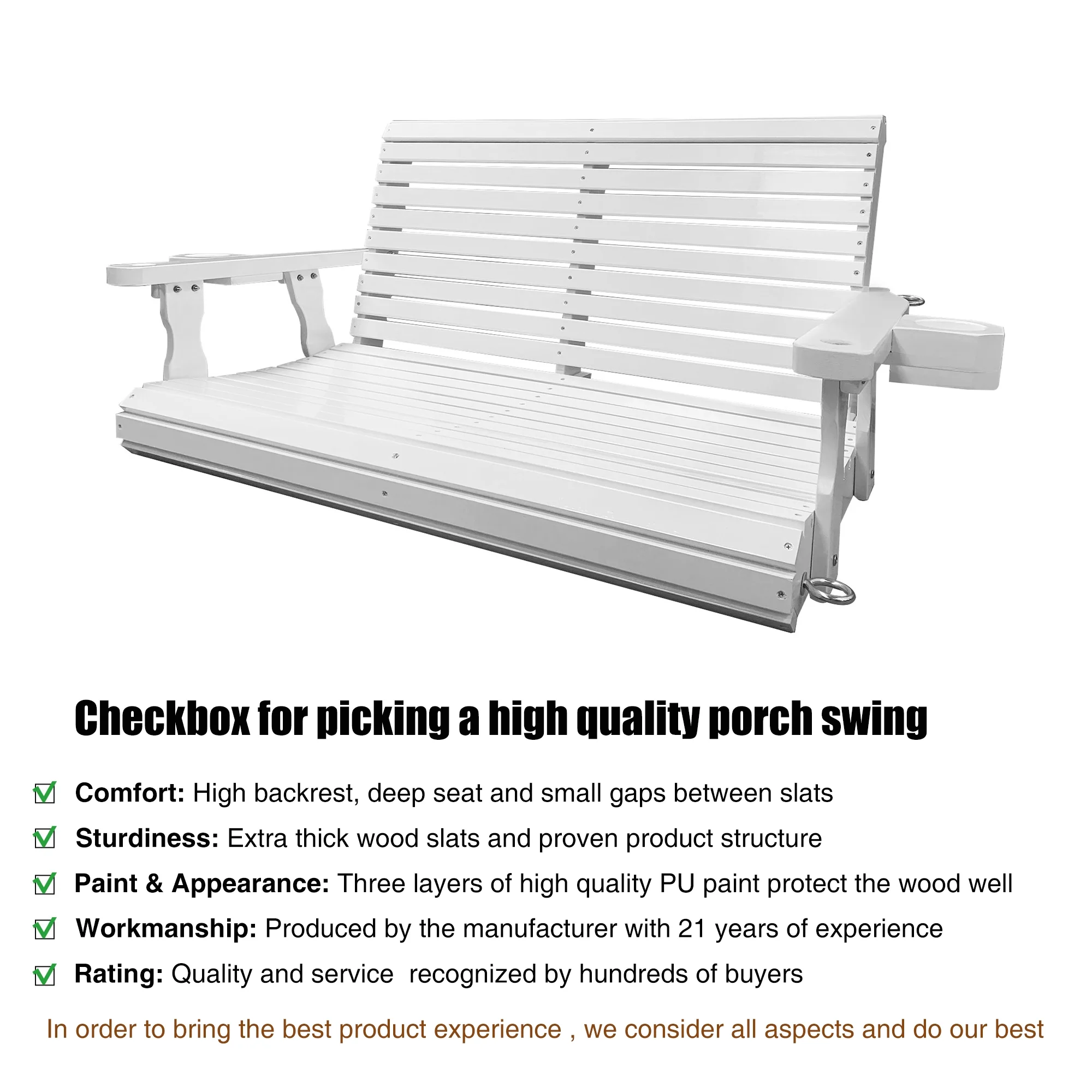 Fortune Candy 3 Person Outdoor Wood Hanging Swing, Heavy Duty 880 lbs Wood Porch Swing, Brown-5ft - Image 38