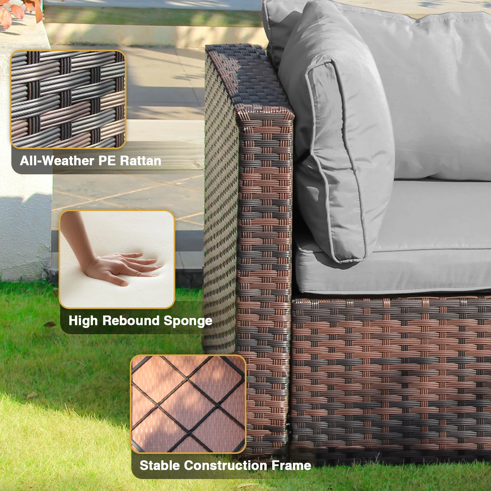 Gaildon 5 Piece Patio Furniture Set with Fire Pit Table, All Weather Outdoor Sectional PE Rattan, Patio Conversation Sets with Cushions for Garden Lawn Balcony Porch Deck, Grey