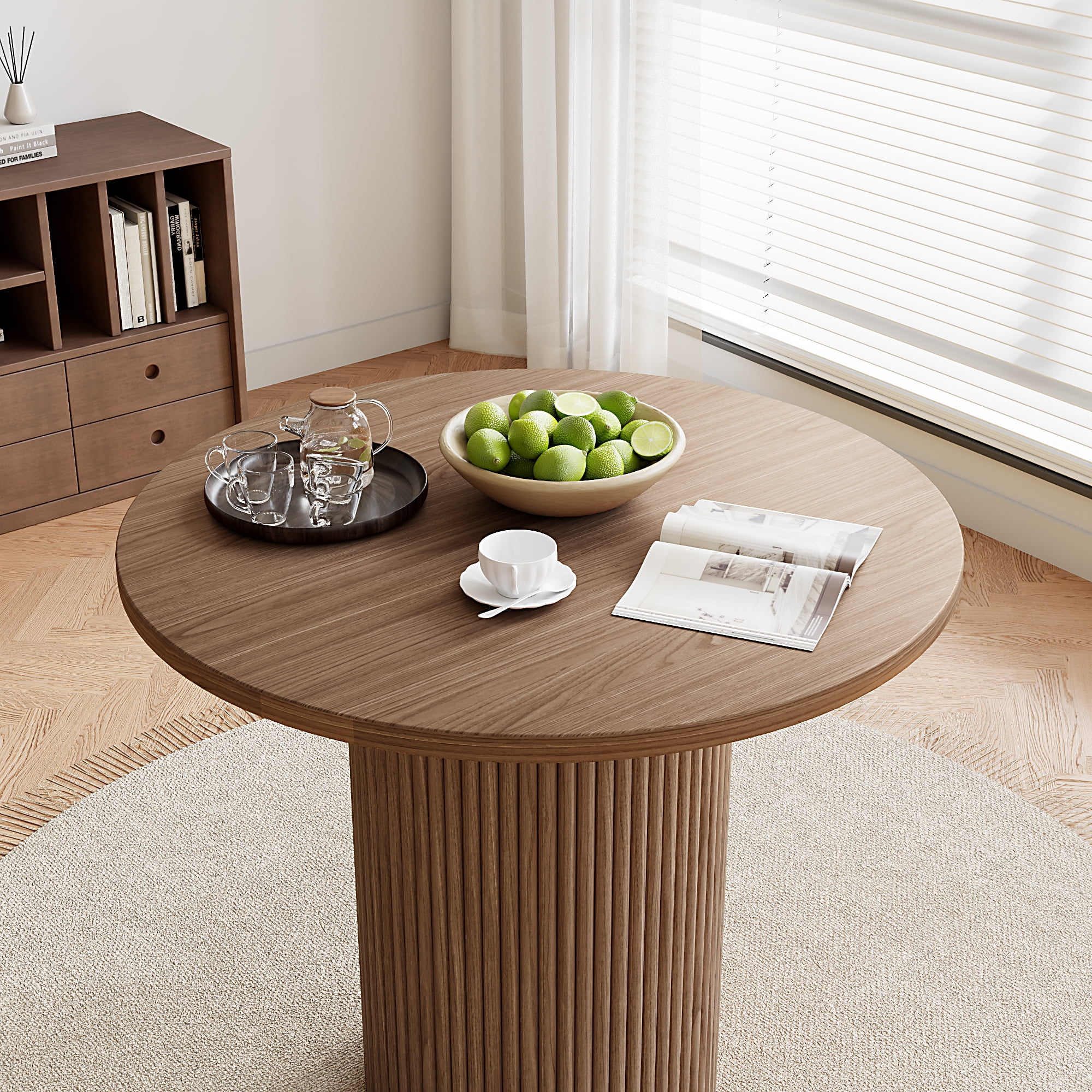 Rophefx 35.4" Solid Wood Round Dining Table with Handcrafted Relief Pedestal,Circle Dining Table,Walnut - Image 2