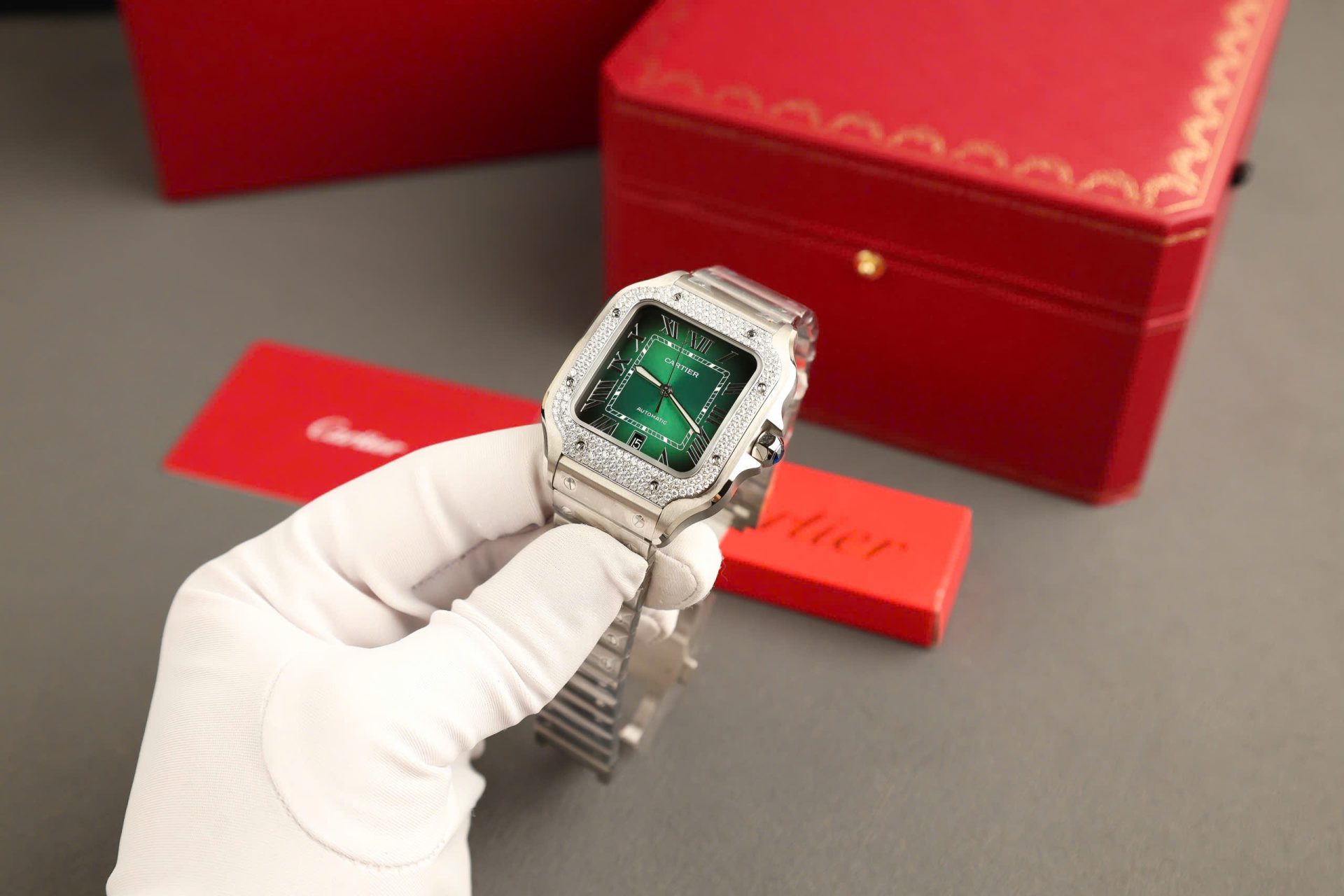 Cartier Santos Green Copies Watch Custom Diamonds Moissanite BV Factory 39.8mm - Top club