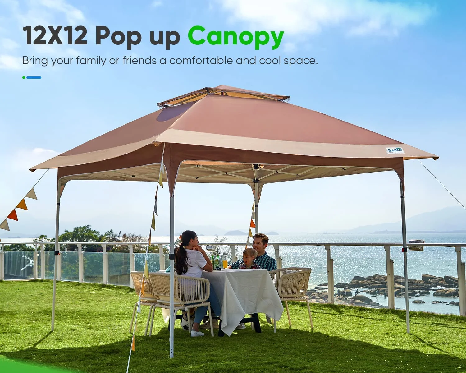 Quictent Pop up Canopy 12 x 12, One Person Set up Portable Instant Folding Shelter, Outdoor Canopy Tent with Extra Shade for Backyard, Patio, Party - Tan/Brown