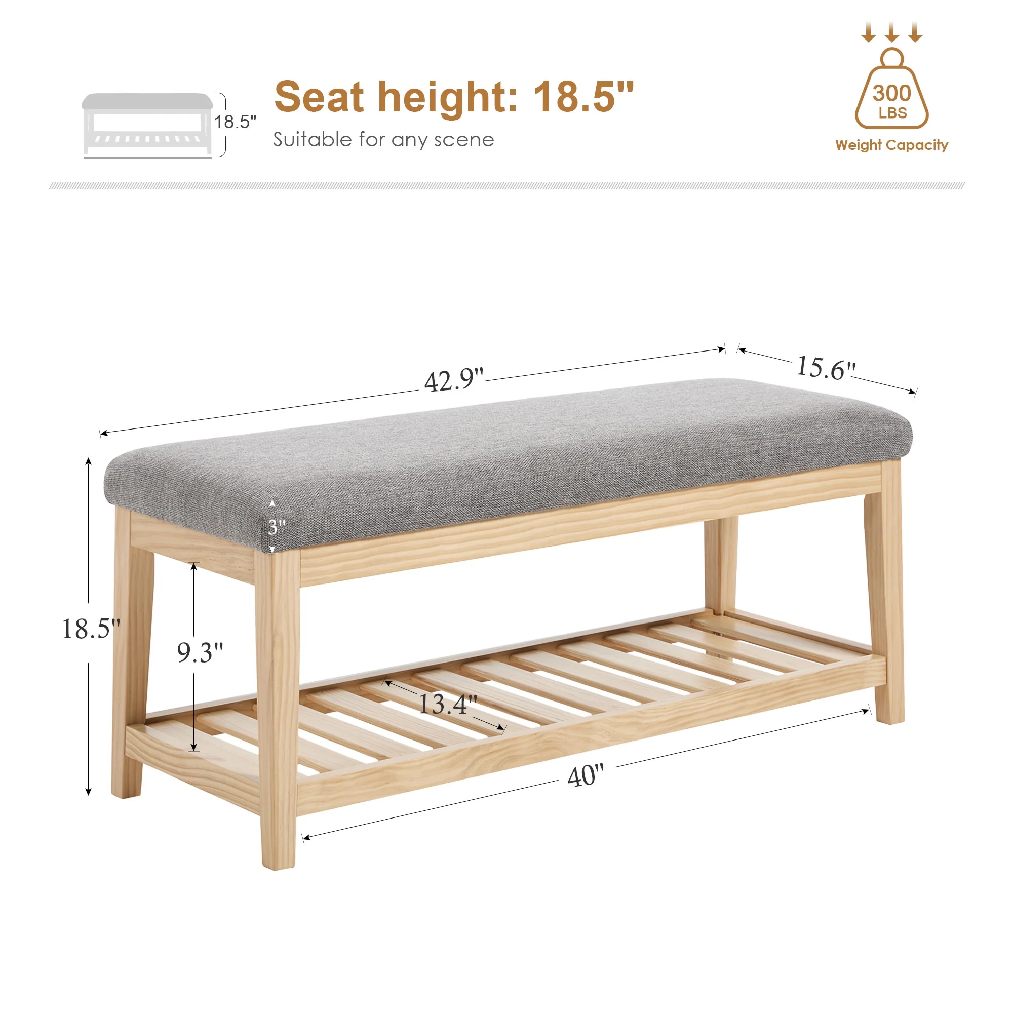 Zesthouse 42.9�?Shoe Bench with Storage, Entryway Bench for Living Room, Bedroom and Hallway, Linen Fabric Upholstered Bench with Solid Wood Shelf, Gray - Image 4