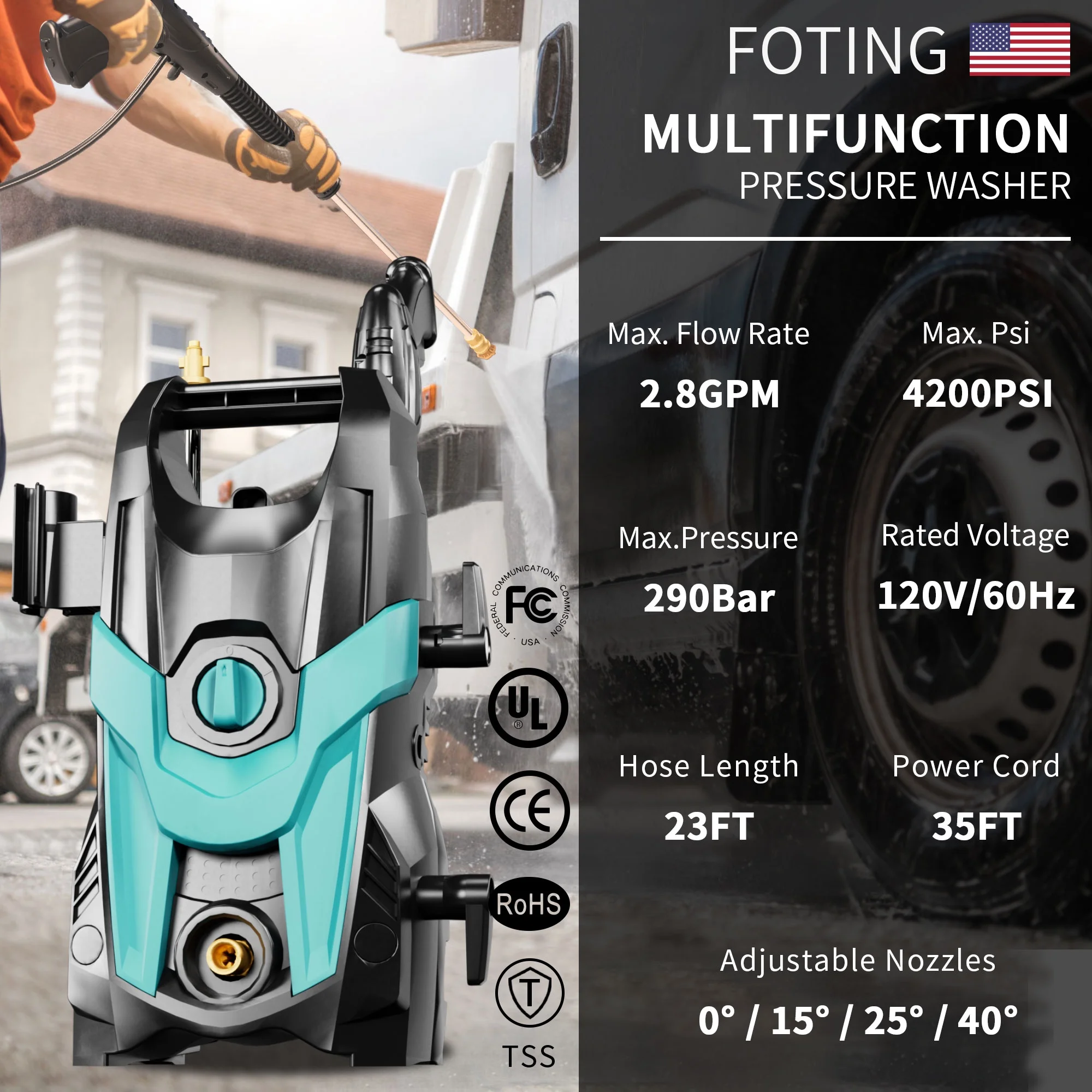 Electric Pressure Washer, 4500 PSI 3.2 GPM Power Washer with 4 Quick Connect Nozzles, High Pressure Cleaning Machine with Foam Cannon for Cars/Fences/Driveways/Patios/Home Cleaning - Image 11