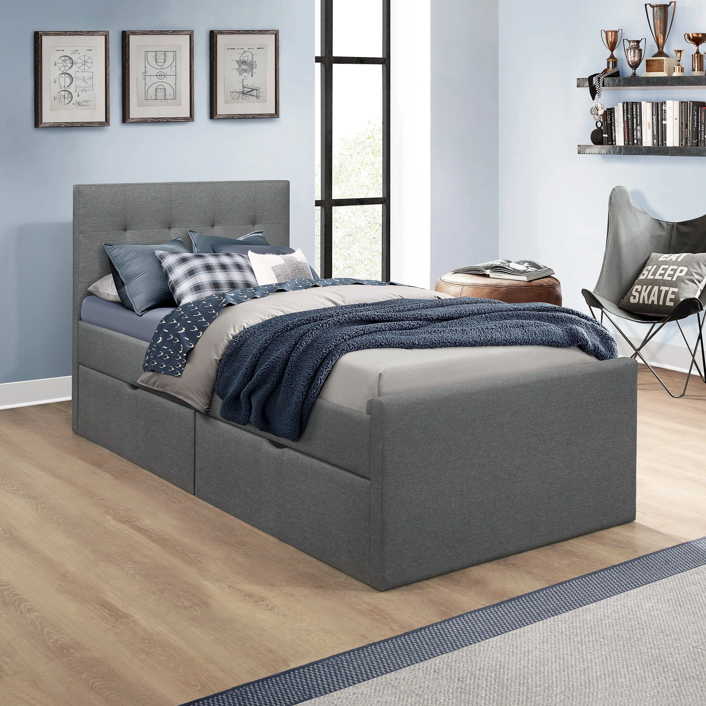 Emory Upholstered Twin Platform Bed with 2 Storage Drawers, Gray, by Hillsdale Living Essentials - Image 10