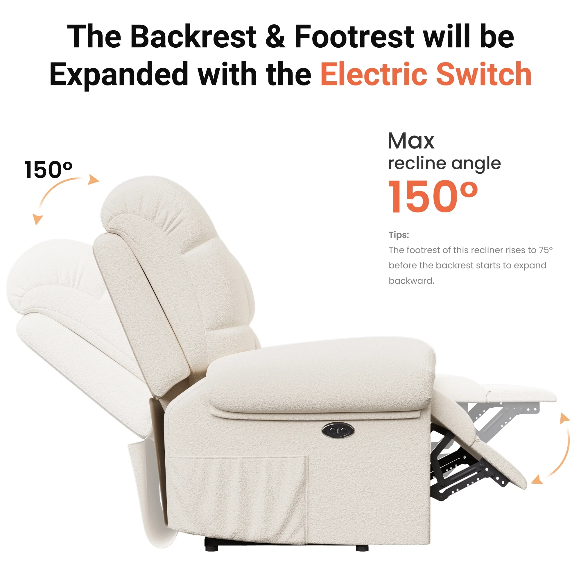 Power Recliner Chair,Electric Recline Sofa Chair for Adults with USB Port,Comfy Teddy Fleece Adjustable Cloud Sofa,Tool-Free Setup,Beige White - Image 6
