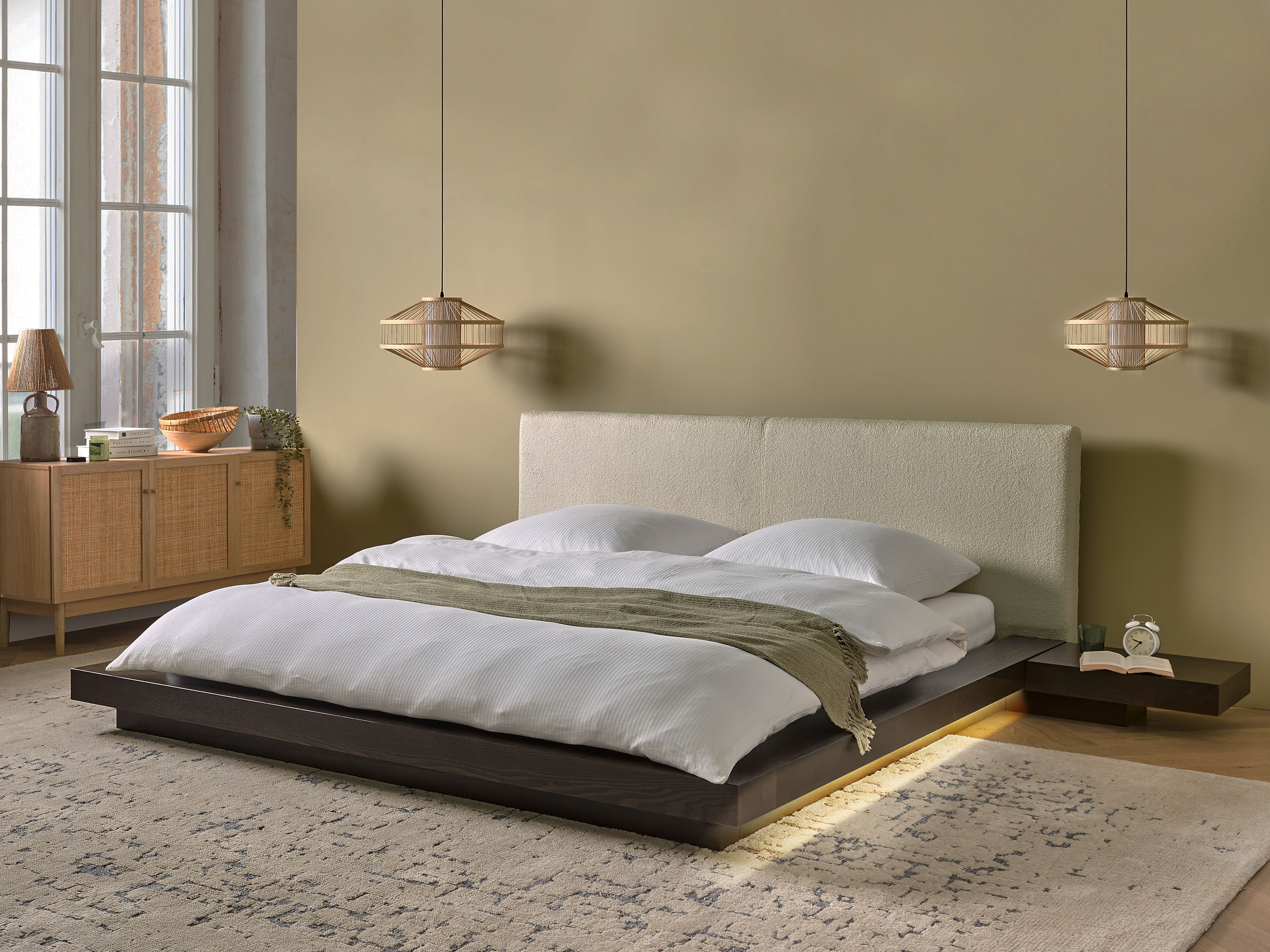 Bed with LED Boucle ZEN 180 x 200 cm (EU Super King) LED Dark Ash Wood