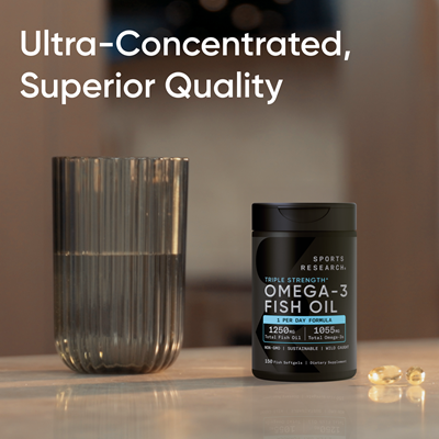 Image of a glass of water and a bottle of Omega-3 Fish Oil with some softgels on the counter. Text reads: "Ultra-concentrated, Superior Quality."