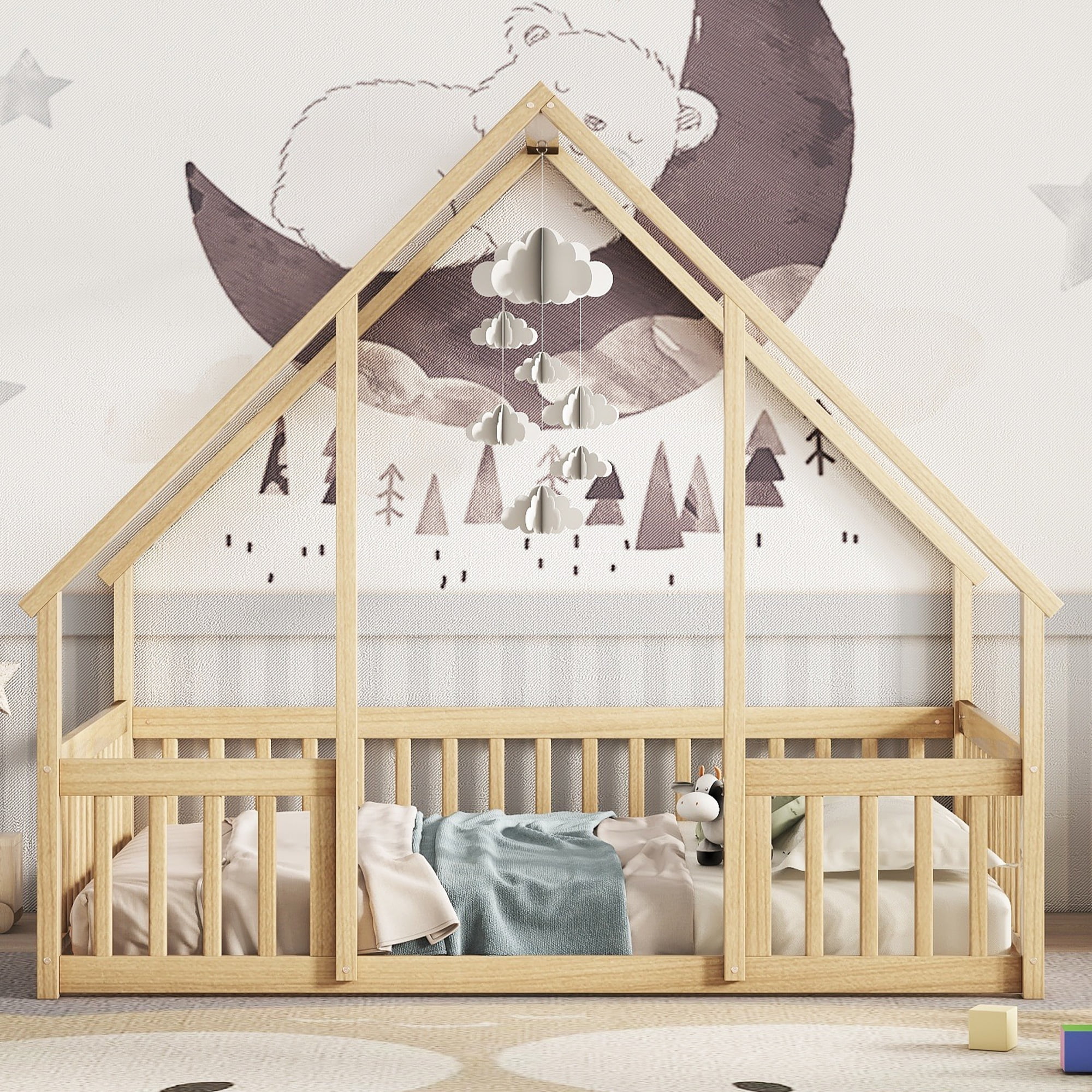 Bellemave Twin Size Floor Bed Frame, Wooden House Bed Twin Size with Fence, Montessori Bed with Guardrails for Bedroom (White) - Image 50