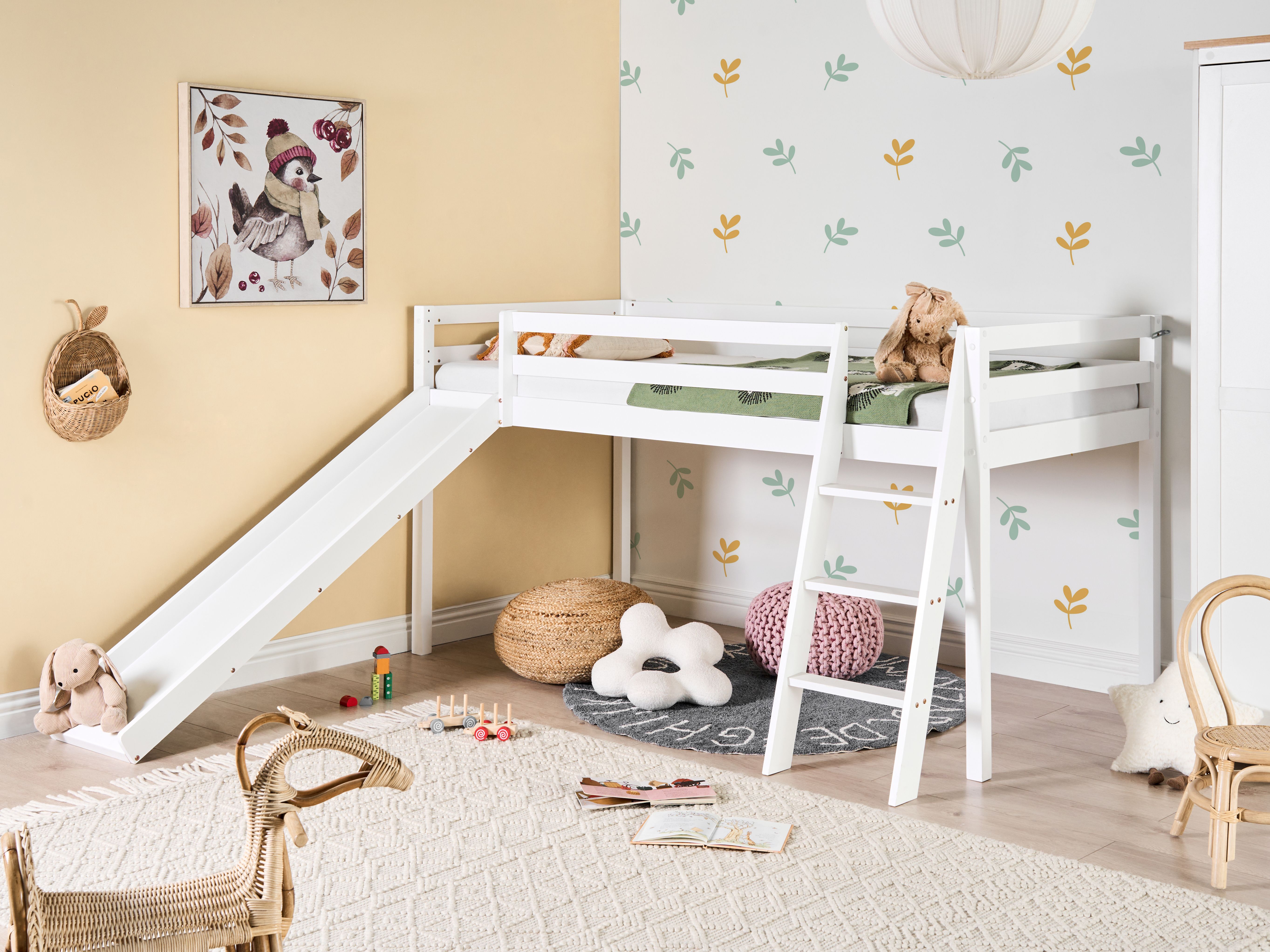 Mid Sleeper Bed Pine Wood STAPLE 90 x 200 cm (EU Single) with Slide White