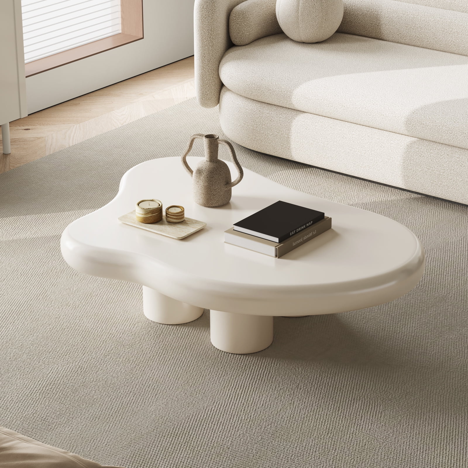 Guyii Cream White Coffee Table with 4 Legs, Irregular Side Table, Modern Wood Tea Table for Living Room, Apartment, Office - Image 9