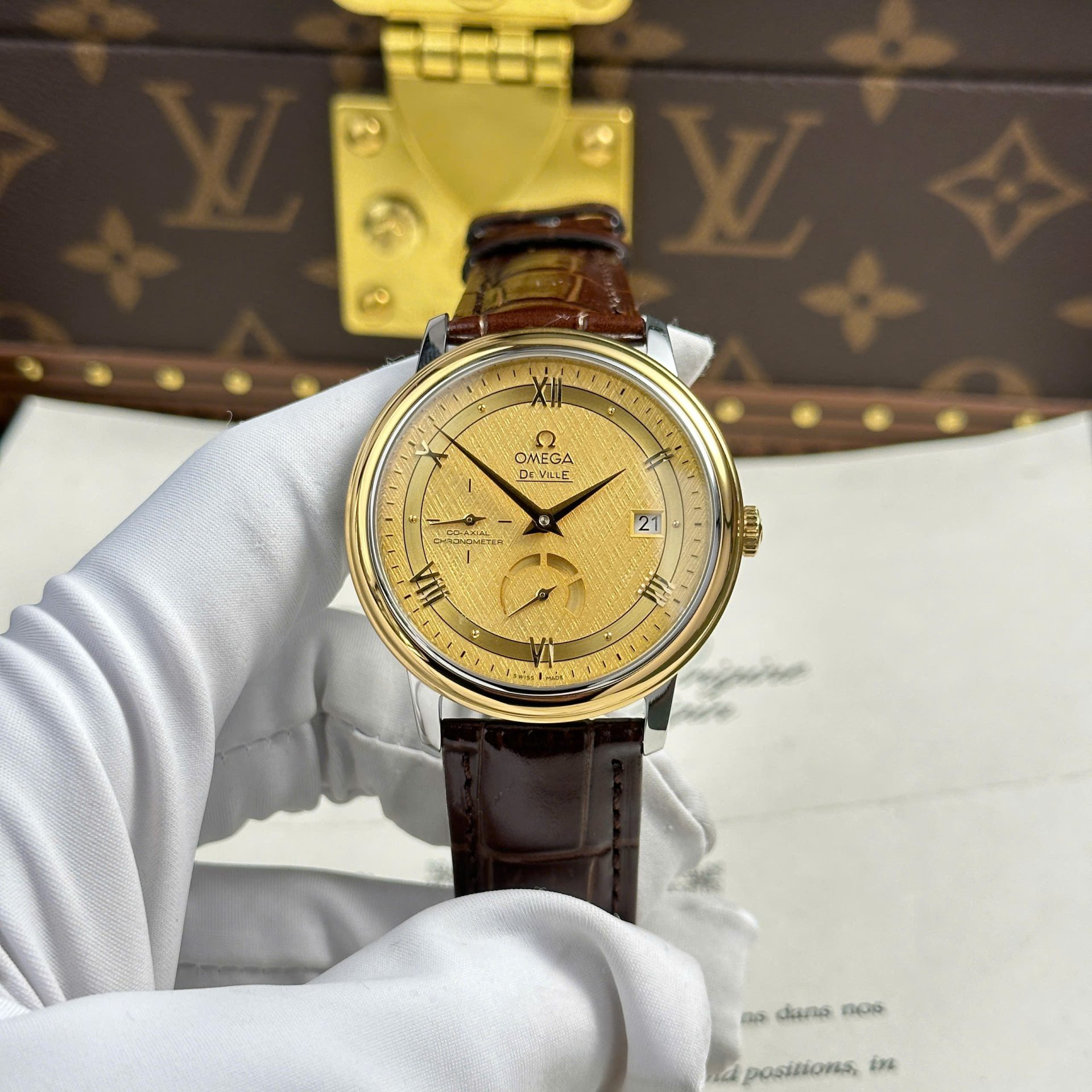 Omega De Ville Prestige Power Reserve Replica 11 Watch Yellow Dial Leather Strap 39.5mm - Elite Watch Atelier