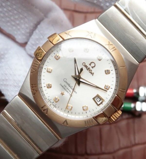 Replica Omega V6 Constellation 35mm White Dial YG Bezel Diamonds Markers SS Bracelet A2500 - Elite Watch Atelier