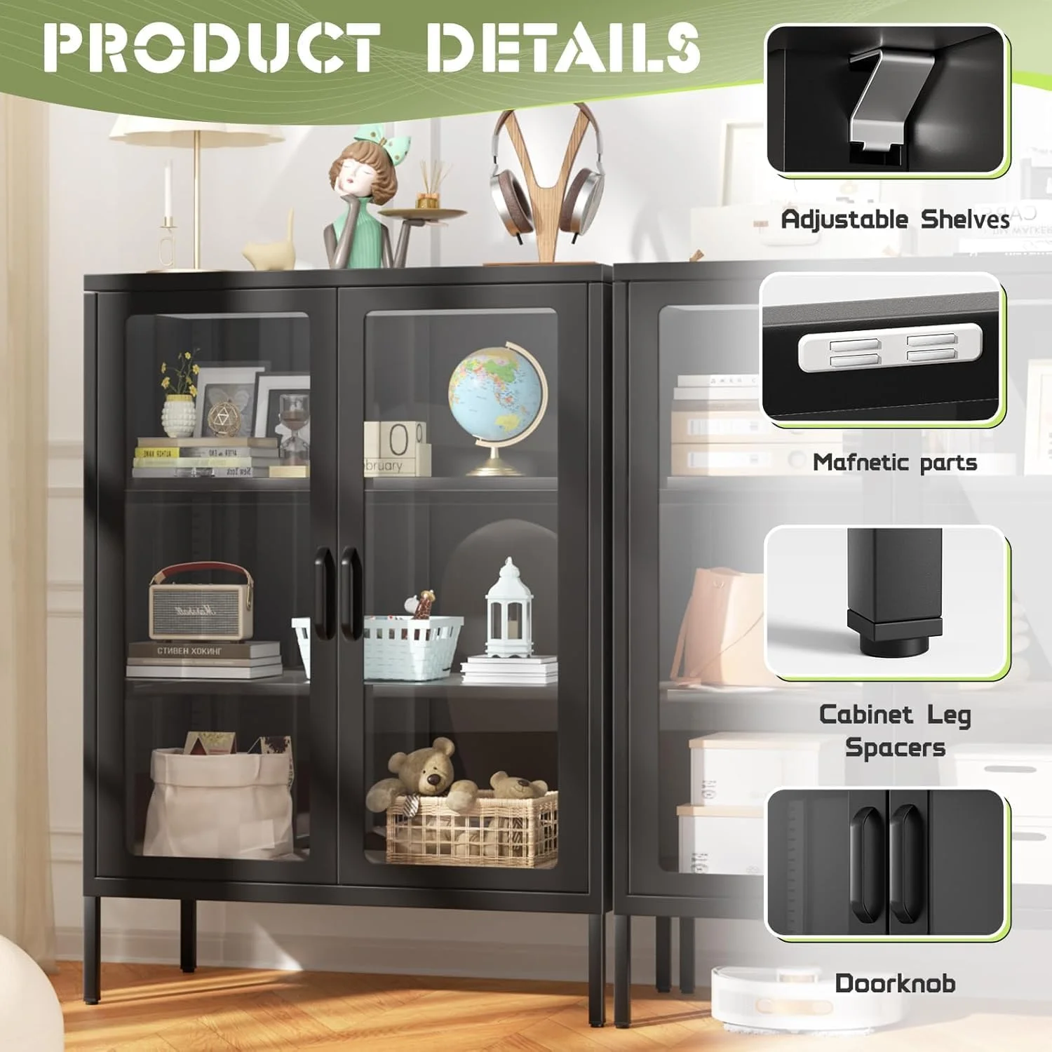 SUNCROWN Metal Storage Cabinet, Curio Display Cabinet with 2 Glass Display Door and 4 Shelves, Side Storage Organize, Modern Bookshelf Cabinet for livingroom, Bedroom, Kitchen, Black - Image 21
