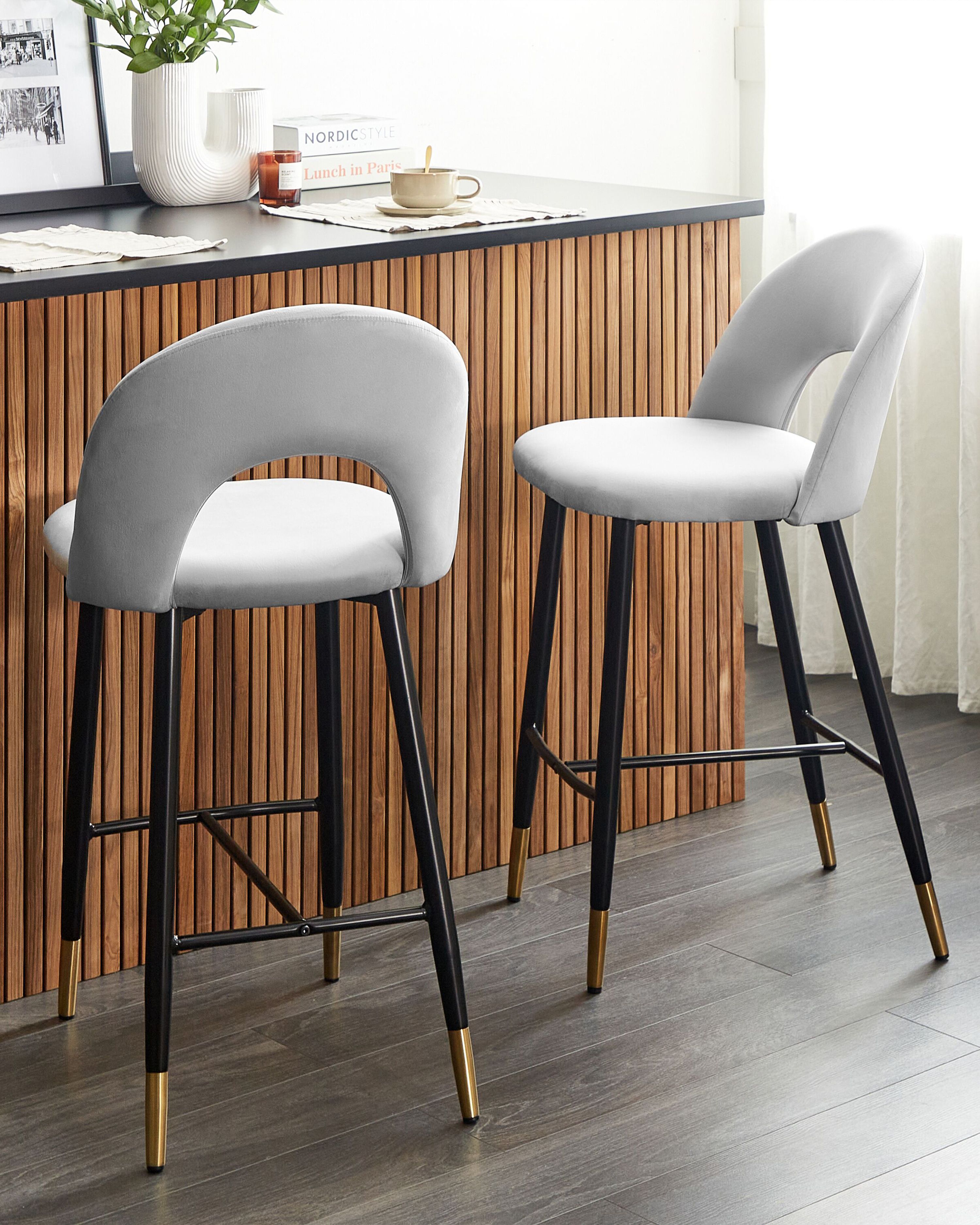 Set of 2 Bar Chairs FALTON Velvet Grey