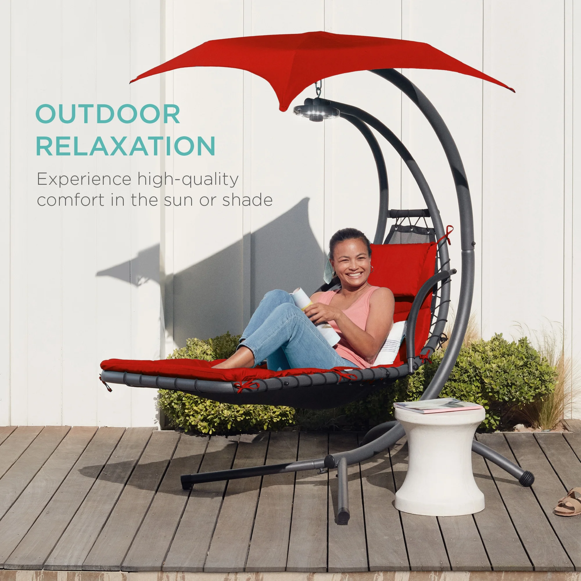 Best Choice Products Hanging Curved Chaise Lounge Chair Swing for Backyard, Patio w/ Pillow, Shade, Stand - Teal - Image 126