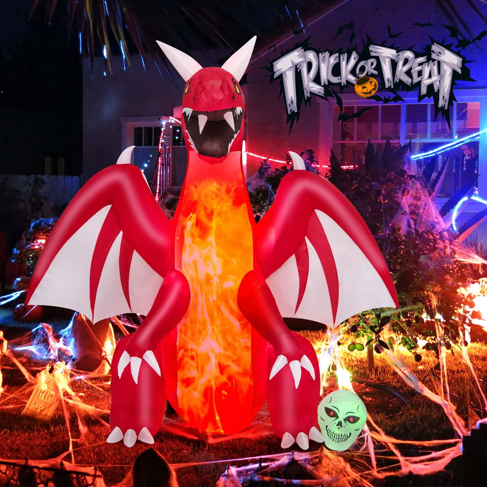 Costway 8 FT Halloween Inflatable Red Dragon with Wings & Skull Holiday Decoration Light - Image 4 Costway 8 FT Halloween Inflatable Red Dragon with Wings & Skull Holiday Decoration Light - Image 4