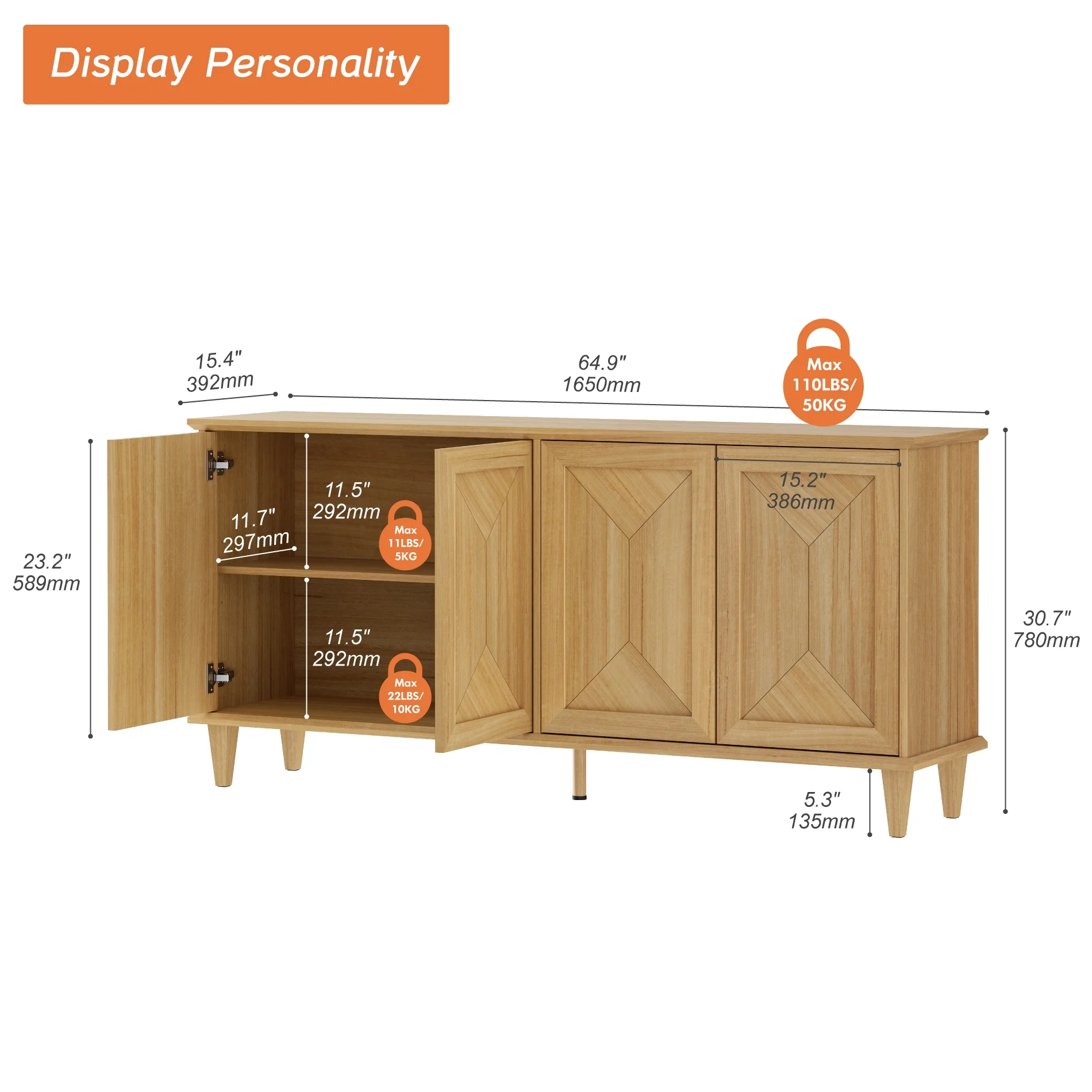 WAMPAT 65-inch Modern Farmhouse TV Stand Entertainment Center for 55-75 inch TVs, Handcrafted Patchwork Console Table with Cable Management & Adjustable Storage Shelves, Natural Oak