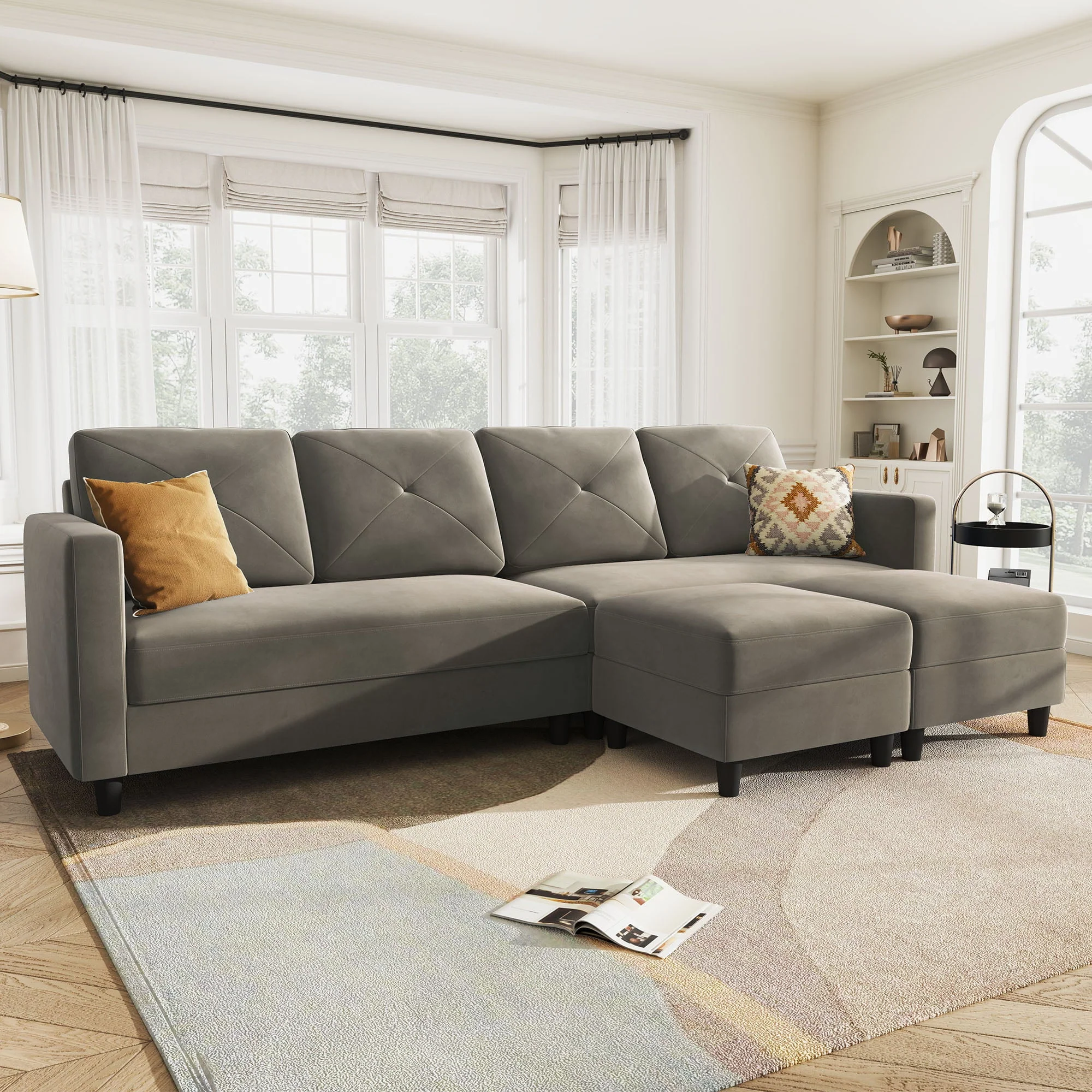 HONBAY Velvet U-Shaped Sectional Sofa Couch Set and Tufted Back Cushions for Living Room, Dull Grey
