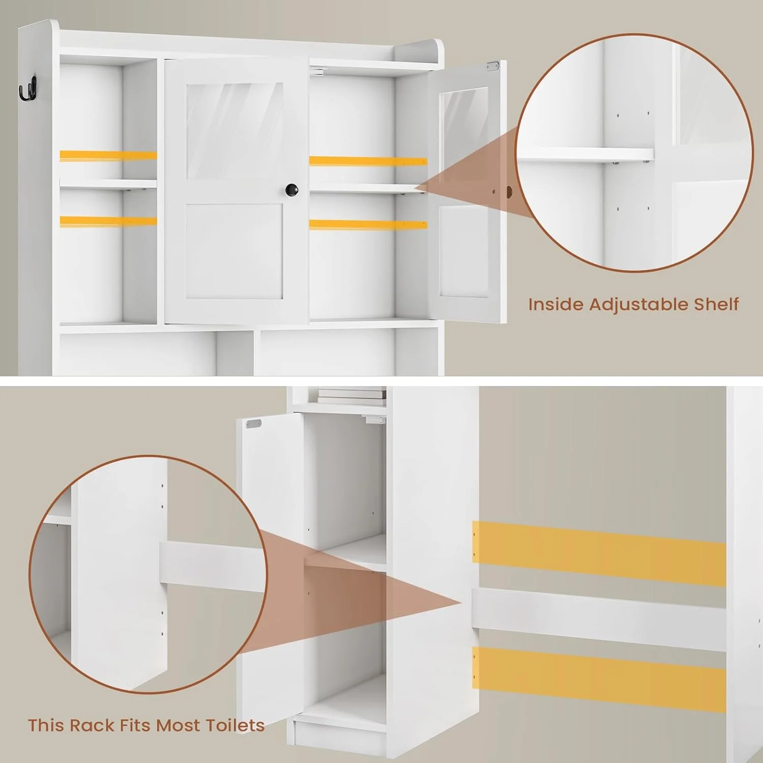 Over The Toilet Storage Cabinet with 3 Doors, Farmhouse Space Saver for Bathroom Organizer with Paper Holder, 10 Shelves and Hooks, 7-Tier Over Washing Machine Cabinet for Laundry, Bathroom, Natural - Image 19