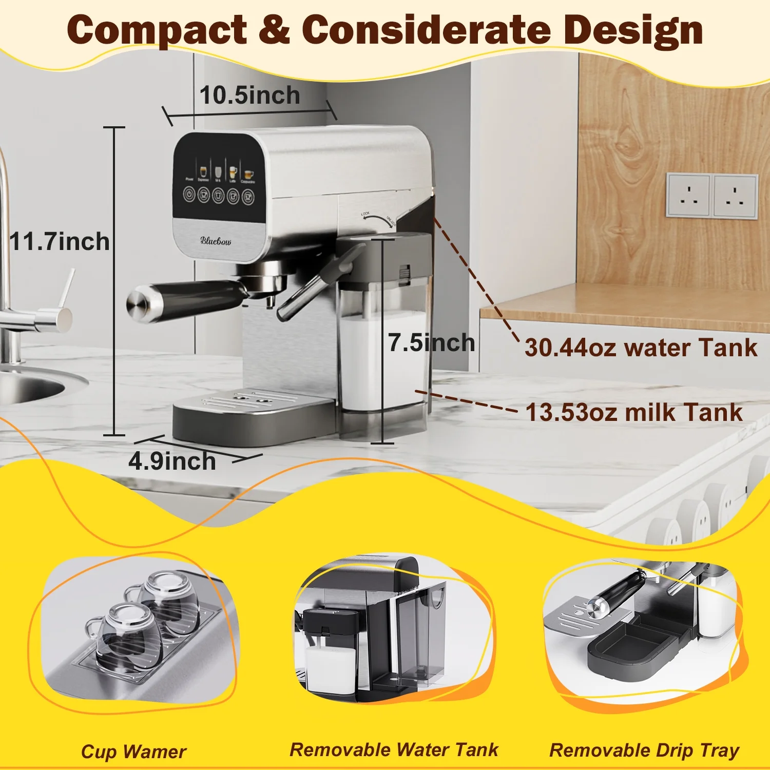 Bluebow Espresso Coffee Machine, 20 Bar Cappuccino & Latte Maker with Auto Milk Frother, Compact Design with Cup Warmer,Stainless Steel