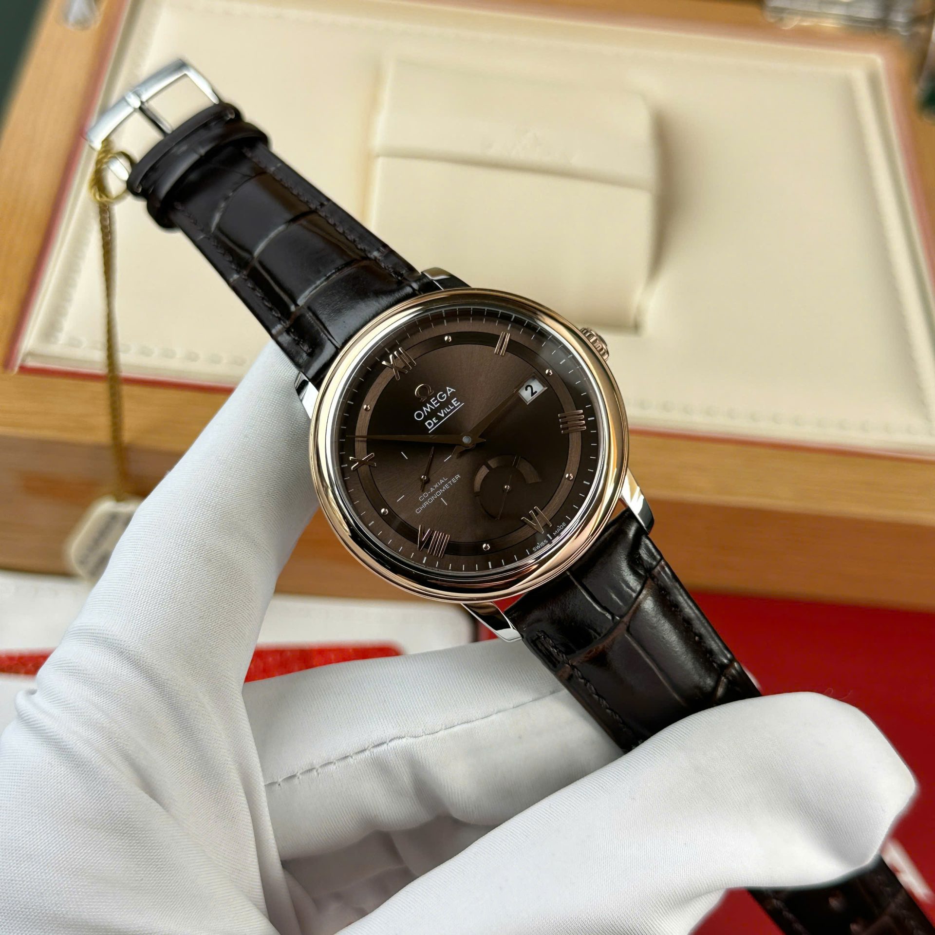 Omega De Ville Prestige Power Reserve Replica 11 Watch Dial Chocolate Leather Strap 39.5mm - Elite Watch Atelier