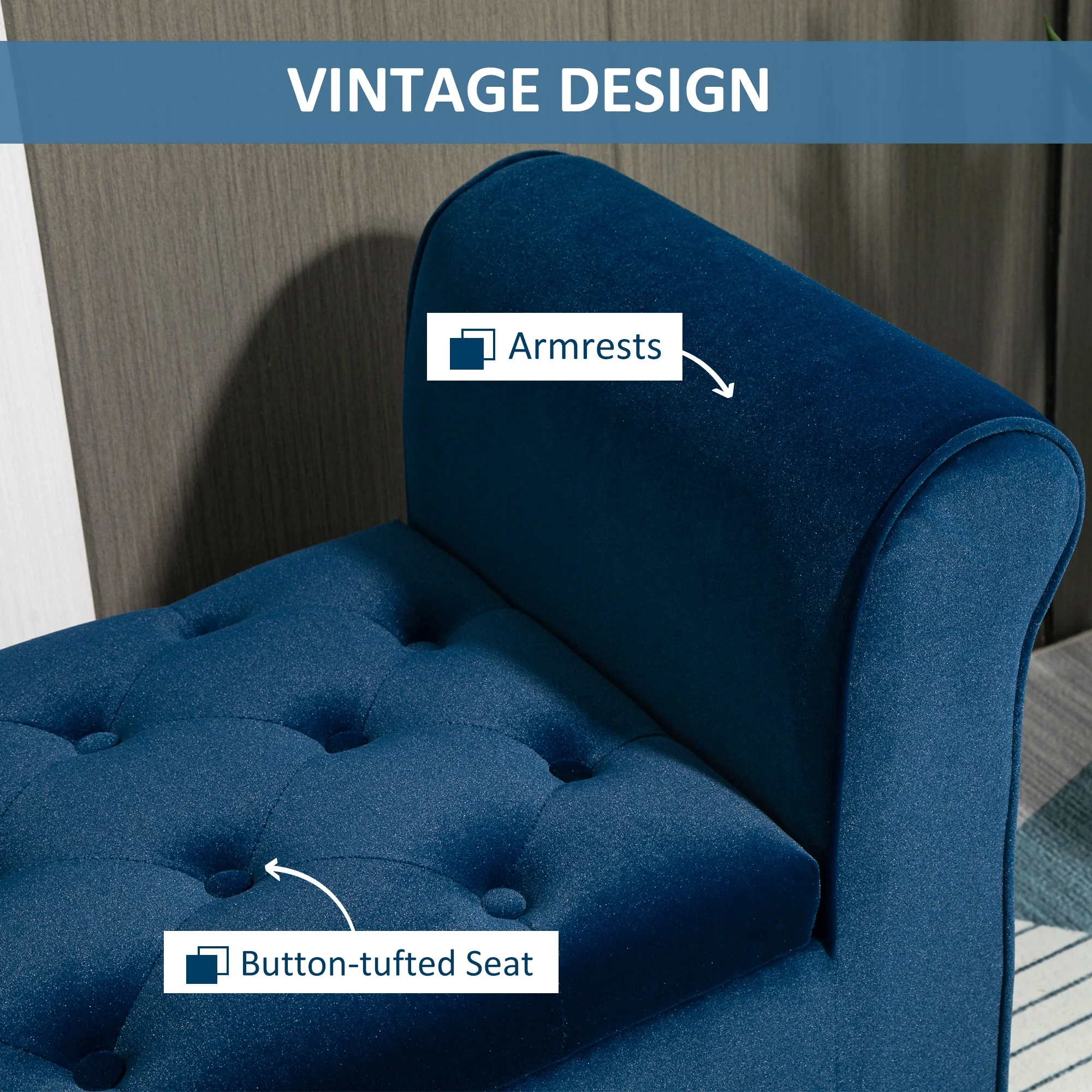 HOMCOM Button-Tufted Storage Ottoman Bench, Upholstered Bench with Rolled Armrests for Living Room or Hallway, Blue - Image 8