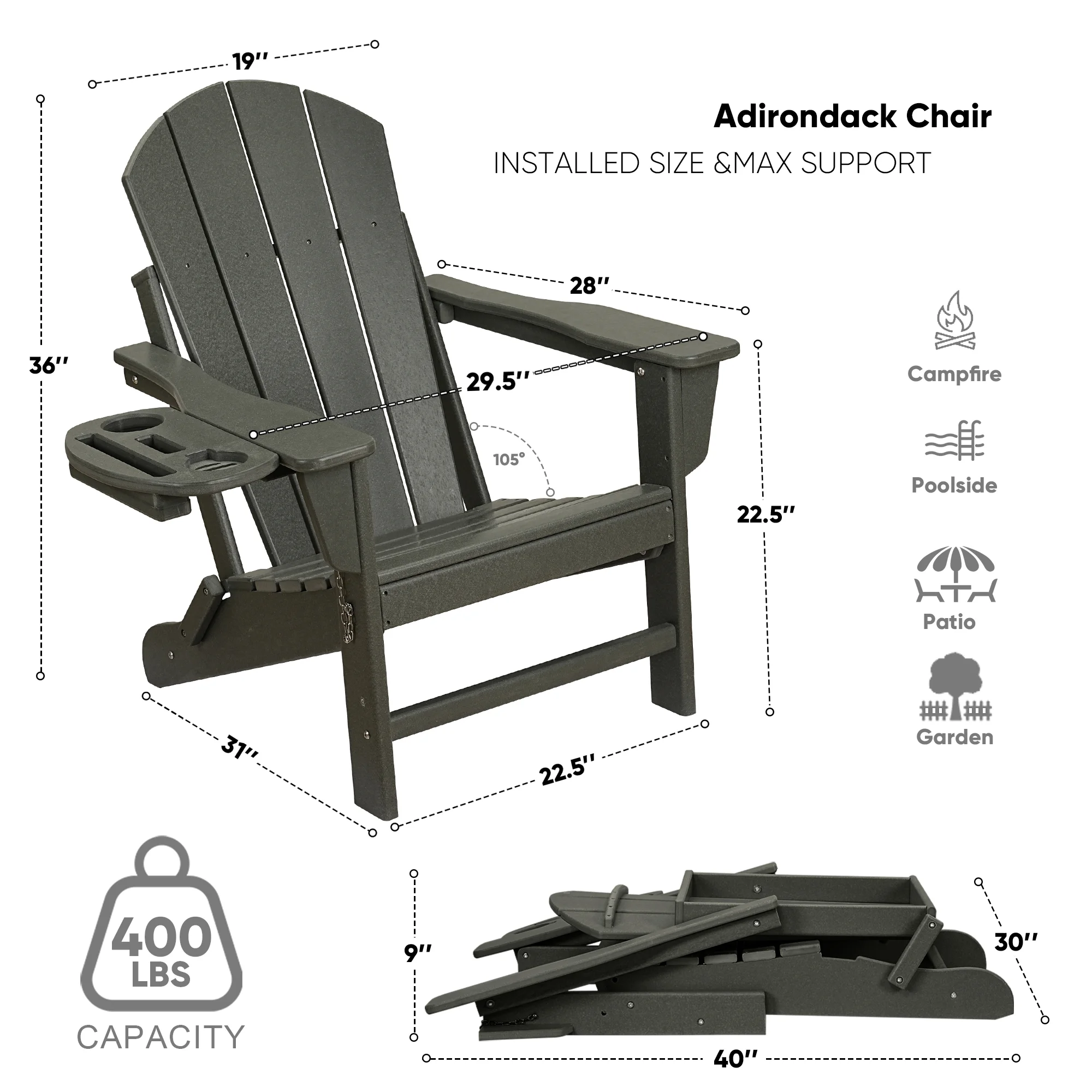 FOOWIN HDPE Plastic Adirondack Chairs Set of 4, Black - Image 121