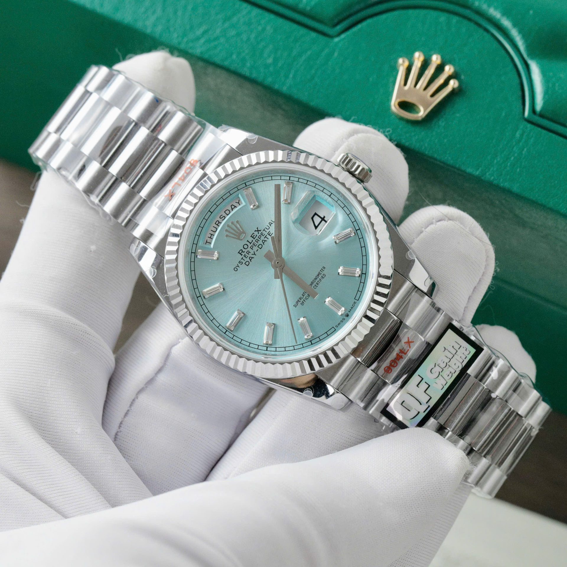 Rolex Day-Date 128236 Dial Ice Blue Replica Watch Weight 158gram QF Factory 36mm - Elite Watch Atelier