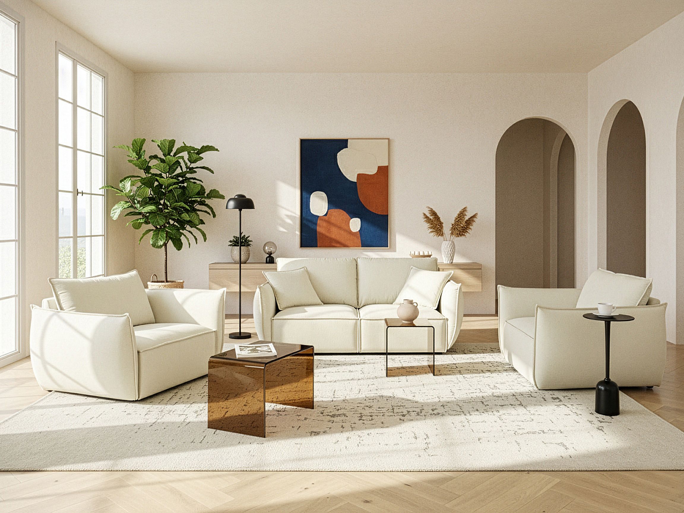 Living Room Set 5 Seater KUNES Fabric Light Beige