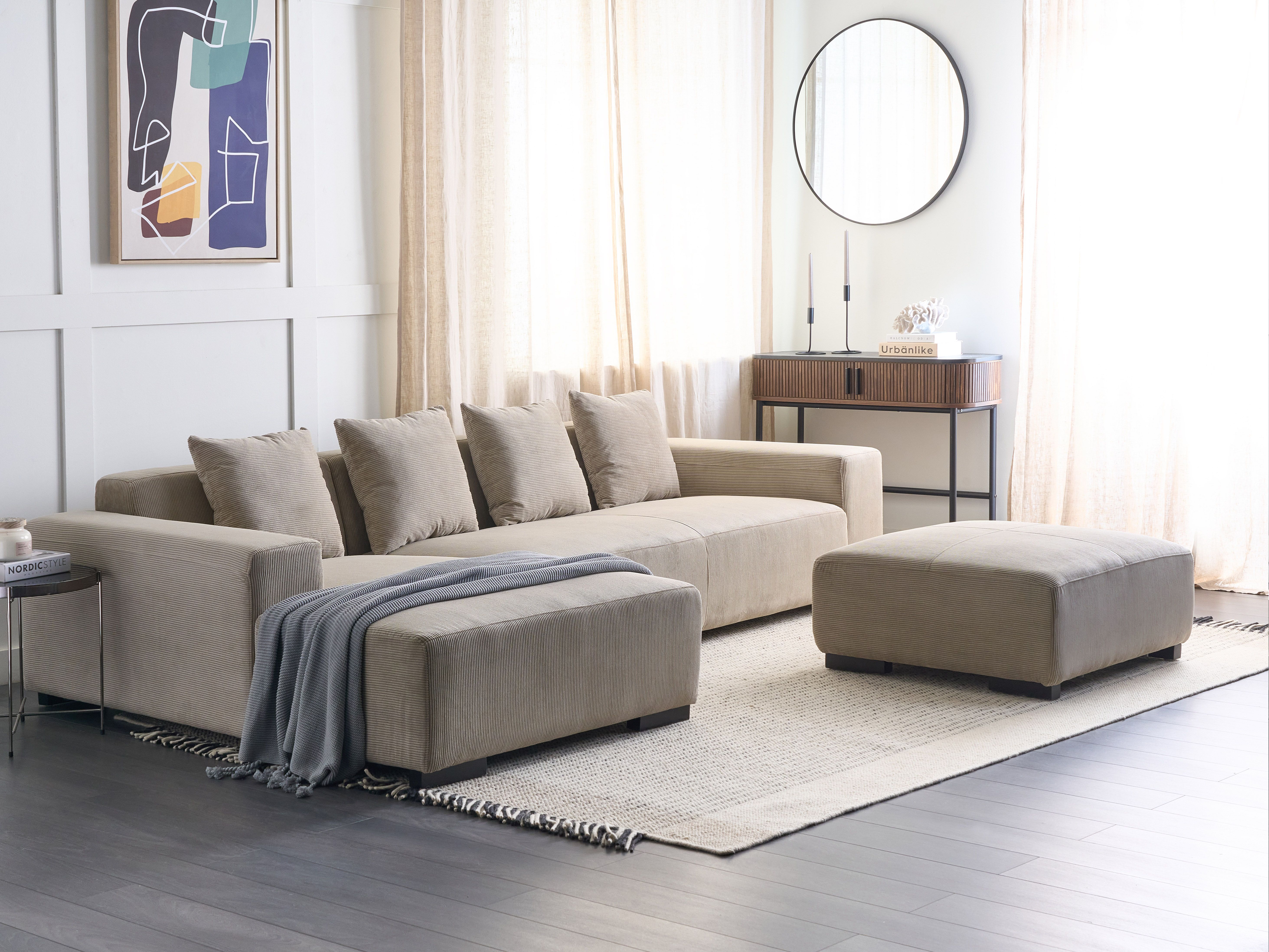 Corner Sofa 4 Seater LUNGO Corduroy Beige with Ottoman Right Hand