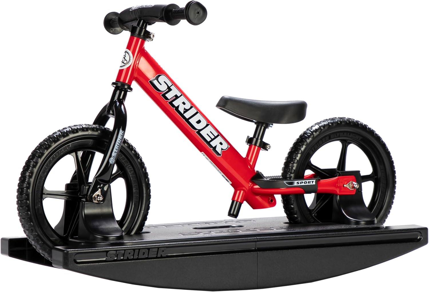 Strider 12” + Rocking Base - Helps Teach Baby How to Ride a Balance Bicycle - for Kids 6 Months to 4 Years - Easy Assembly & Adjustments