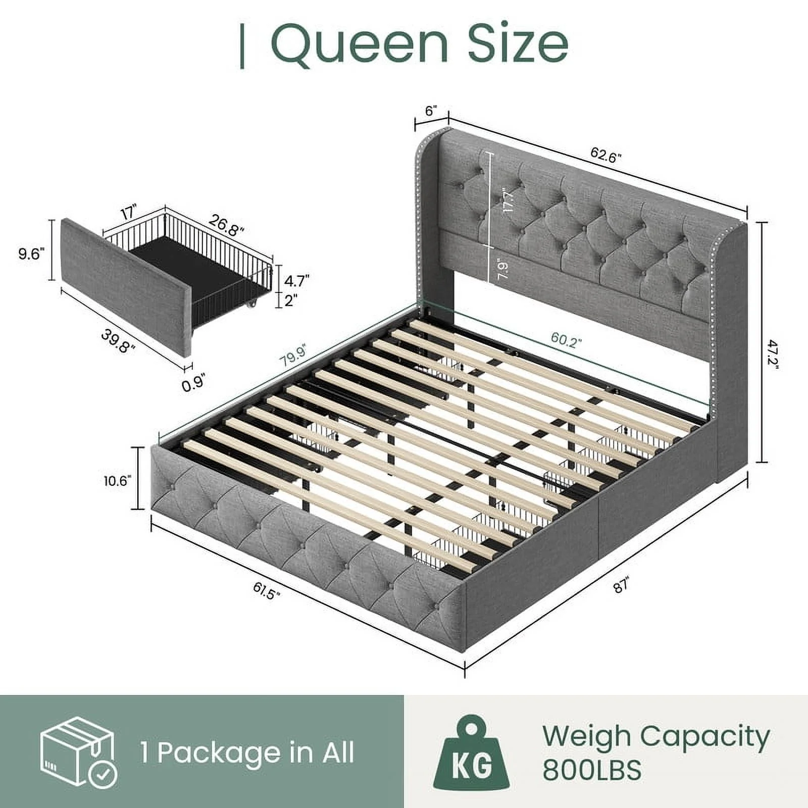 LARMACE Queen Size Platform Bed Frame with 4 Storage Drawers and Tufted Headboard Linen Upholstered Bed Wingback Bed Frame with Wooden Slats Support, Easy Assembly, Light Grey