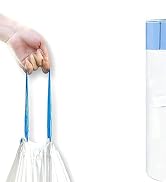 Hand-held white plastic bag with blue handles. Partially visible cylindrical white and blue container in the background, possibly for storing or dispensing bags.