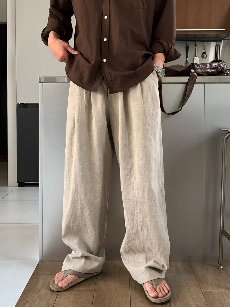 Khaki lightweight linen casual pants for men, summer travel, cotton-linen old money style straight-leg breathable long pants
