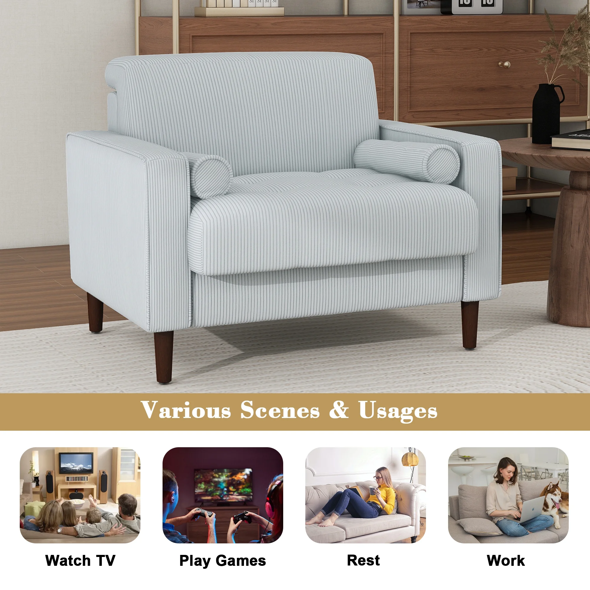 UIXE Corduroy Accent Chair Modern Upholstered Arm Chairs Comfy Reading Armchair with Pillow Armrest Tufted Living Room Single Sofa Lounge Seat, Yellow - Image 21
